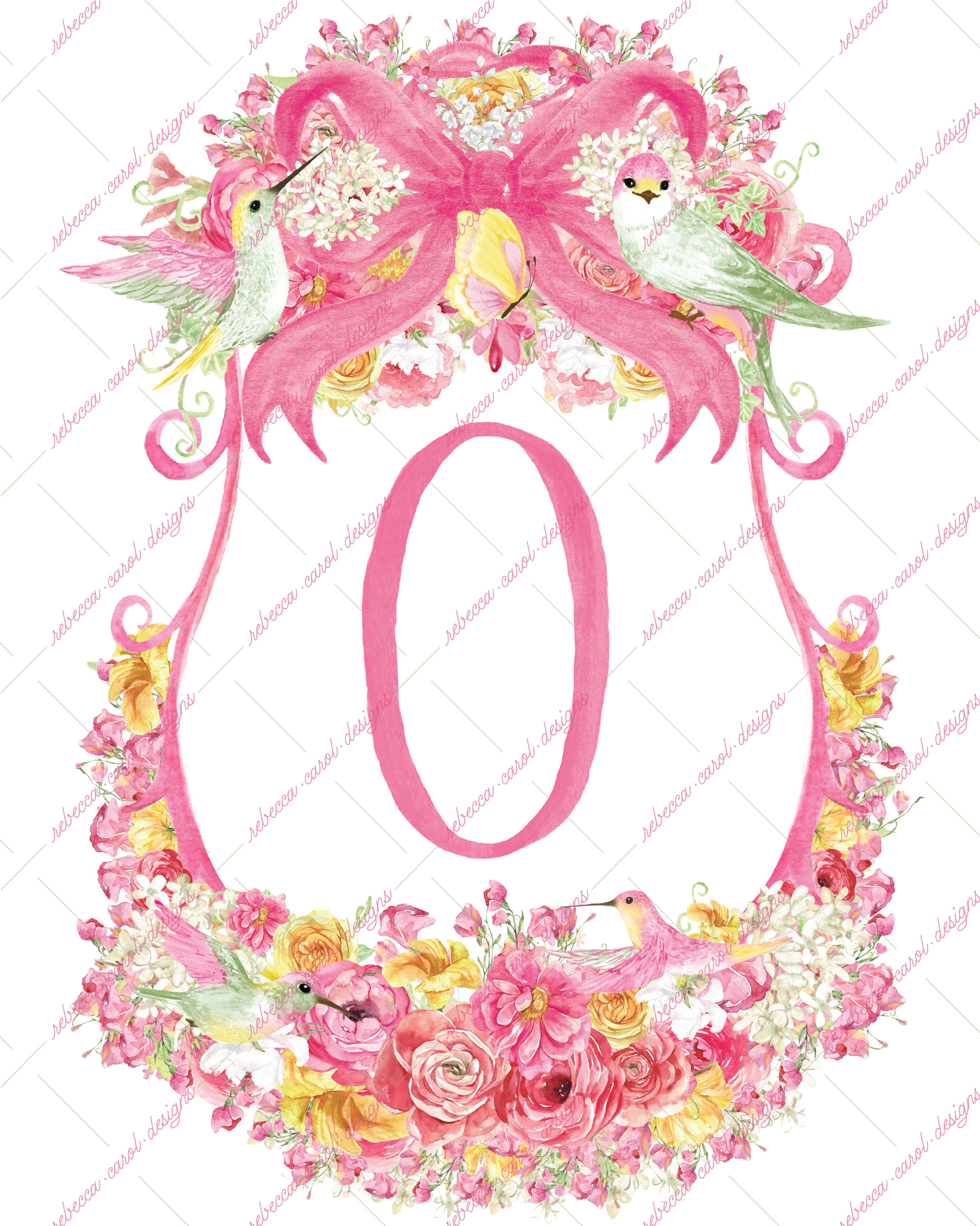 8x10in Watercolor Single Letter Monogram with Birds and Butterfly - O - Pink Option 3