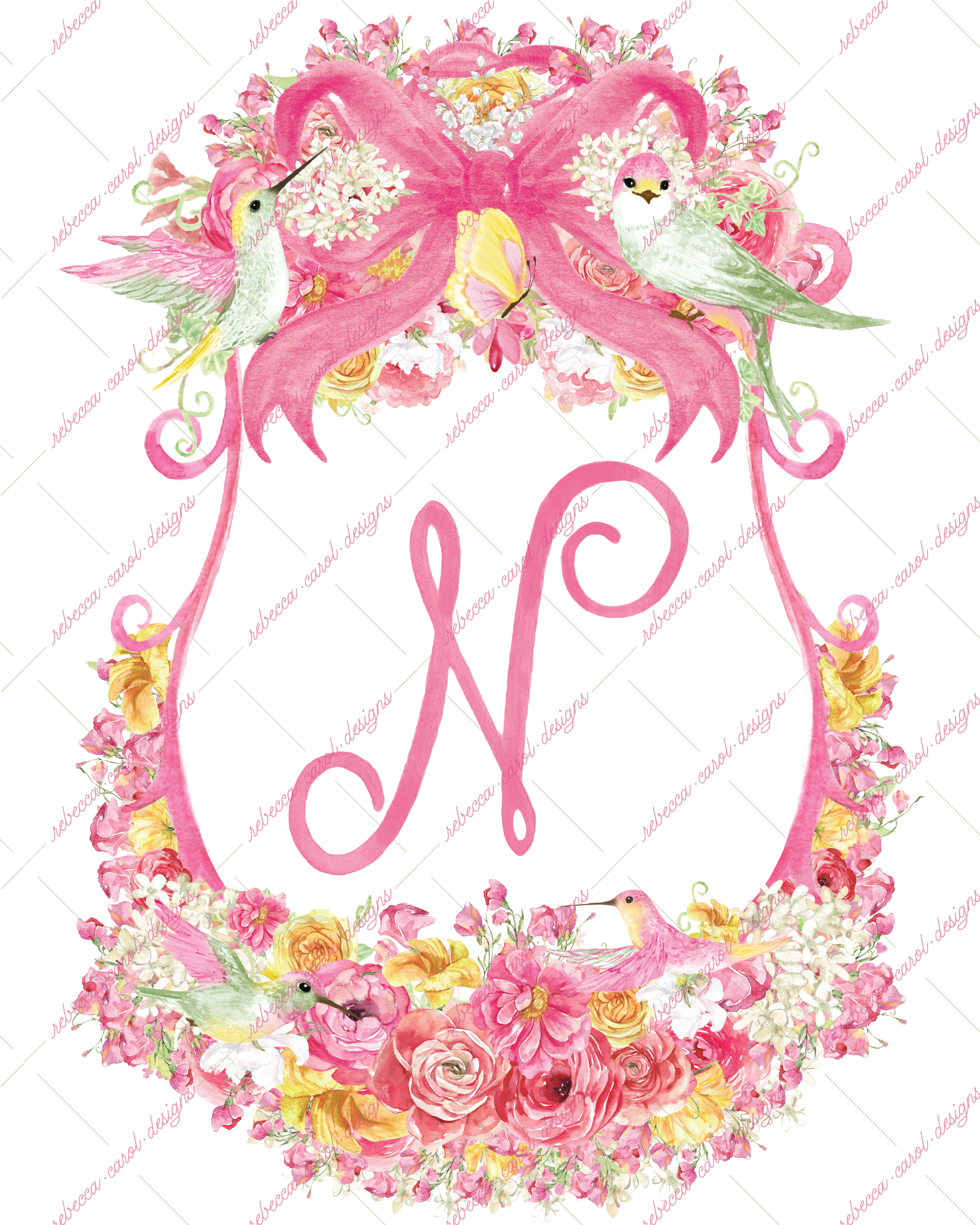 8x10in Watercolor Single Letter Monogram with Birds and Butterfly - N - Pink Option 3