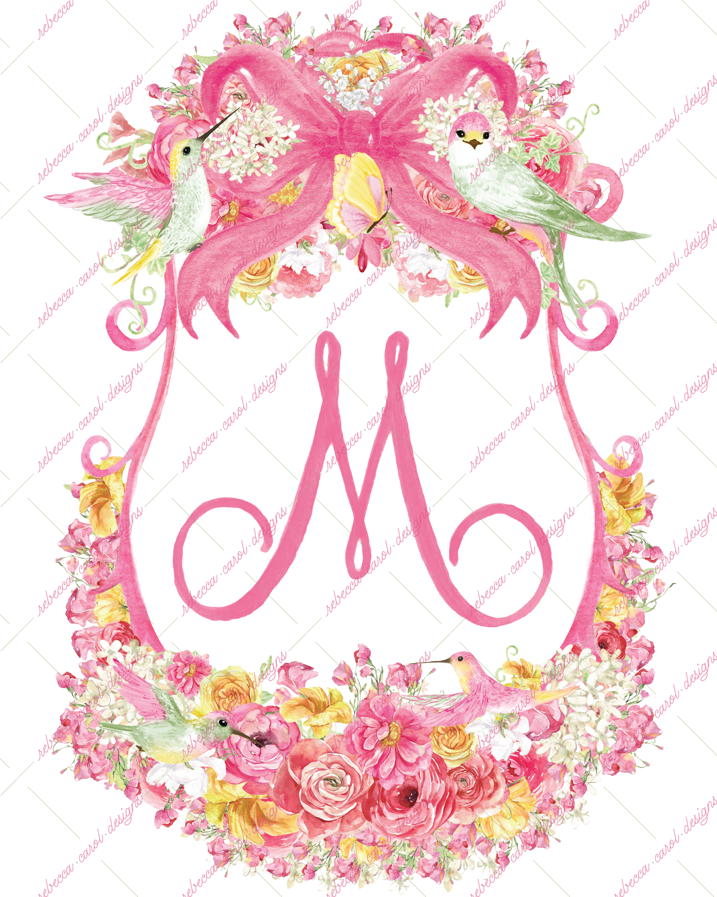 8x10in Watercolor Single Letter Monogram with Birds and Butterfly - M - Pink Option 3