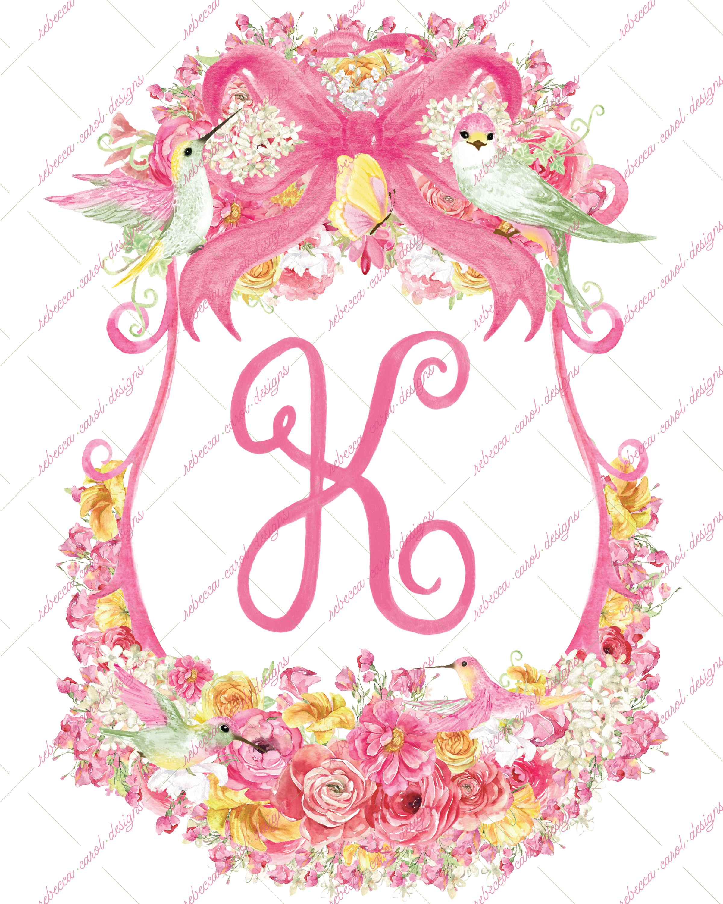 8x10in Watercolor Single Letter Monogram with Birds and Butterfly - K - Pink Option 3