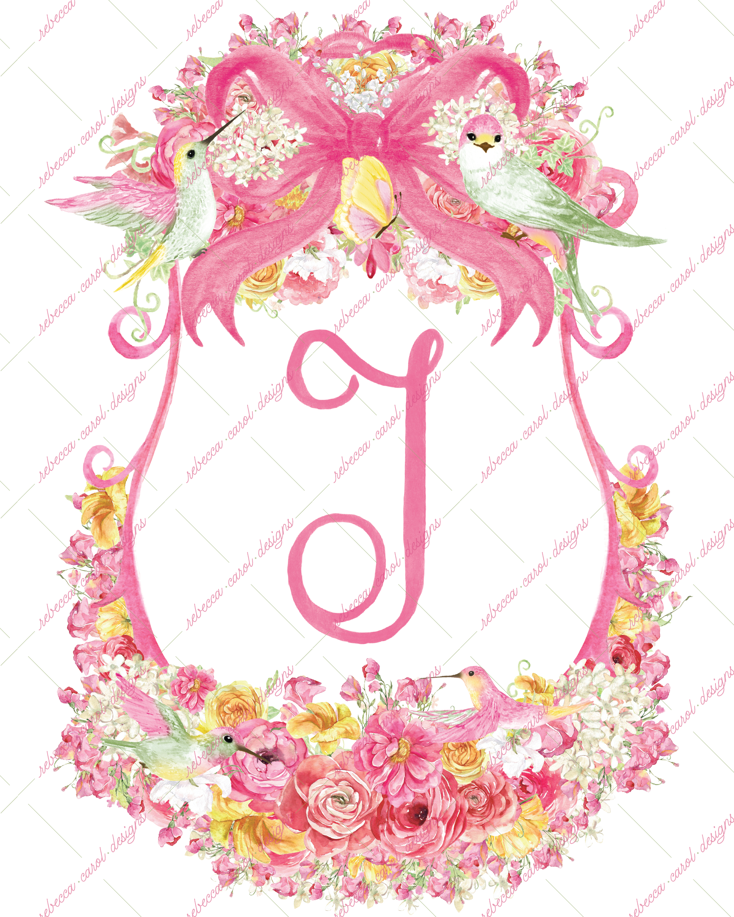 8x10in Watercolor Single Letter Monogram with Birds and Butterfly - J - Pink Option 3