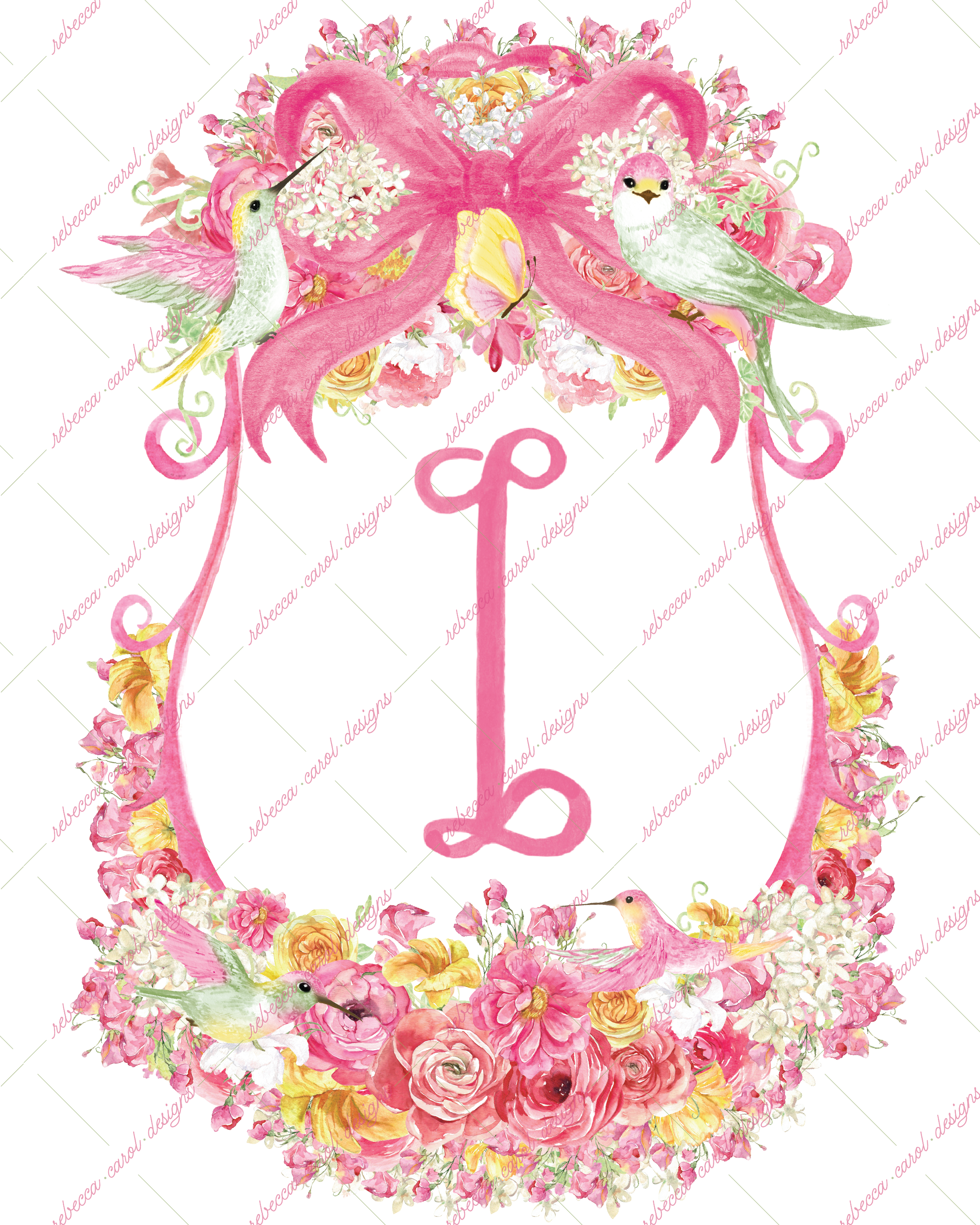 8x10in Watercolor Single Letter Monogram with Birds and Butterfly - I - Pink Option 3