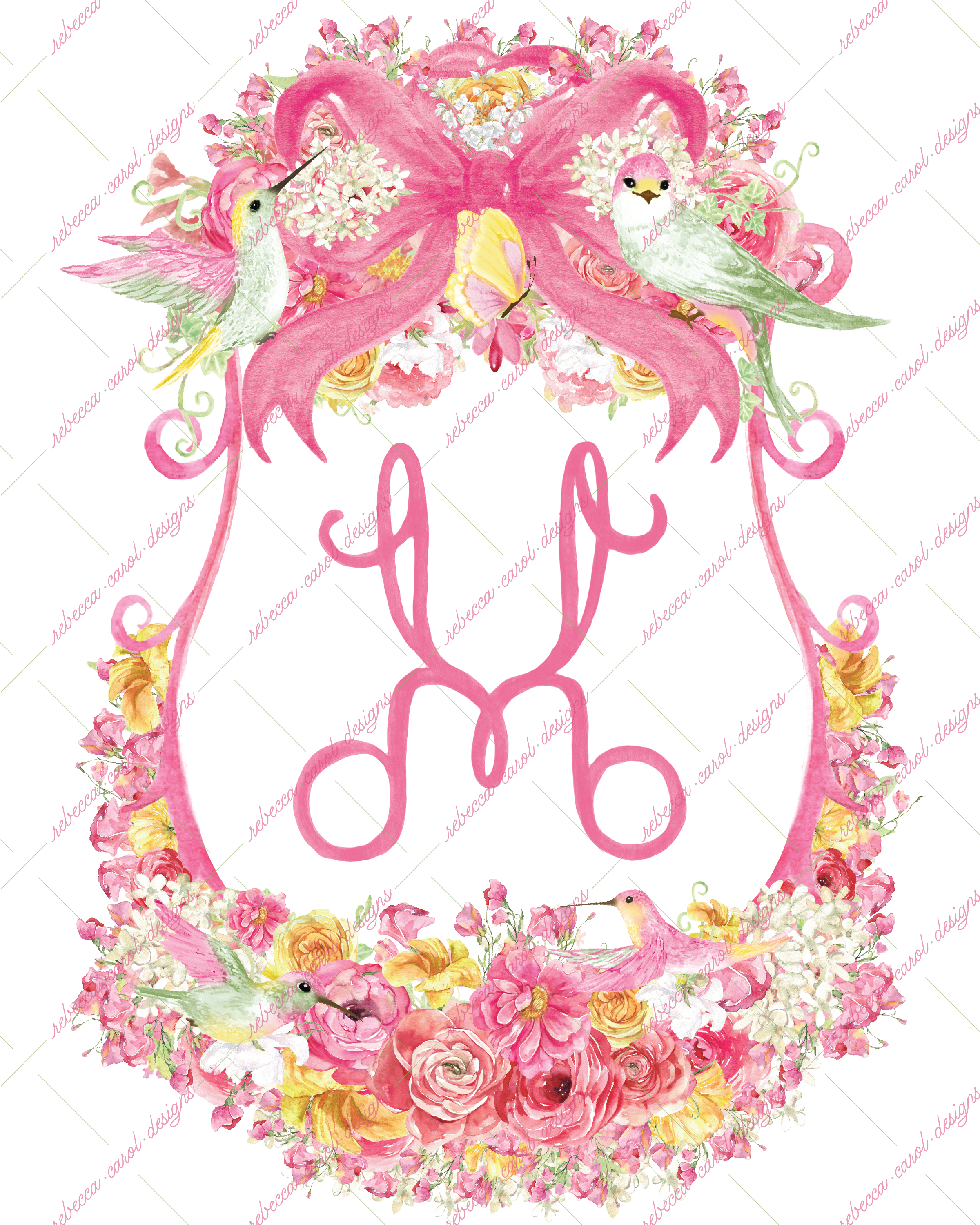 8x10in Watercolor Single Letter Monogram with Birds and Butterfly - H - Pink Option 3