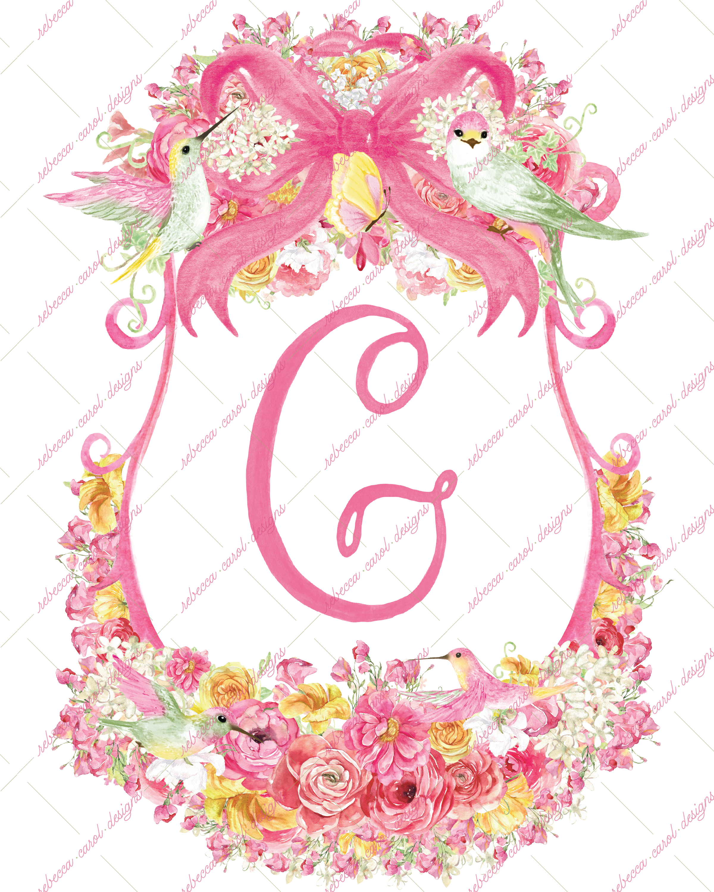 8x10in Watercolor Single Letter Monogram with Birds and Butterfly - G - Pink Option 3