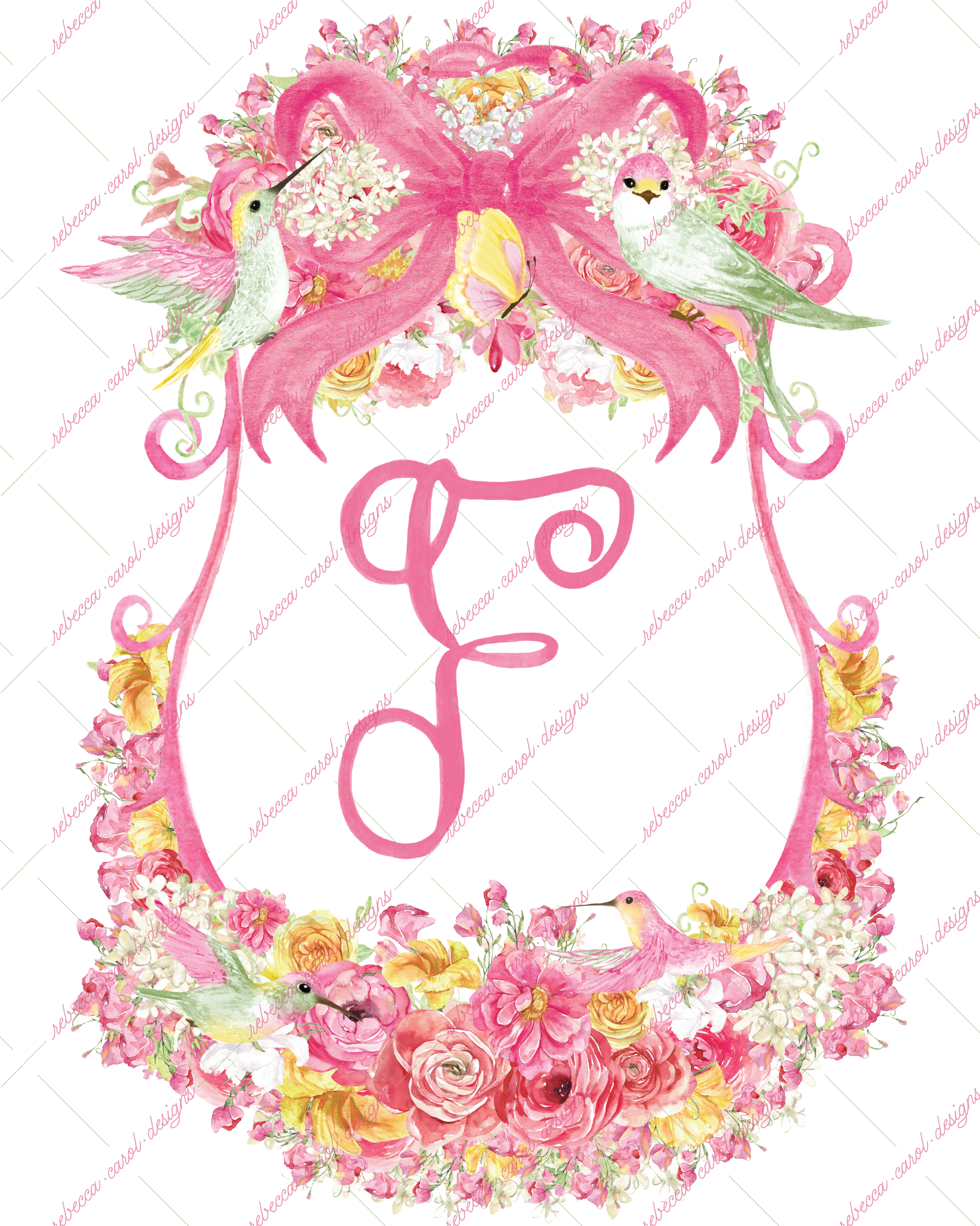 8x10in Watercolor Single Letter Monogram with Birds and Butterfly - F - Pink Option 3