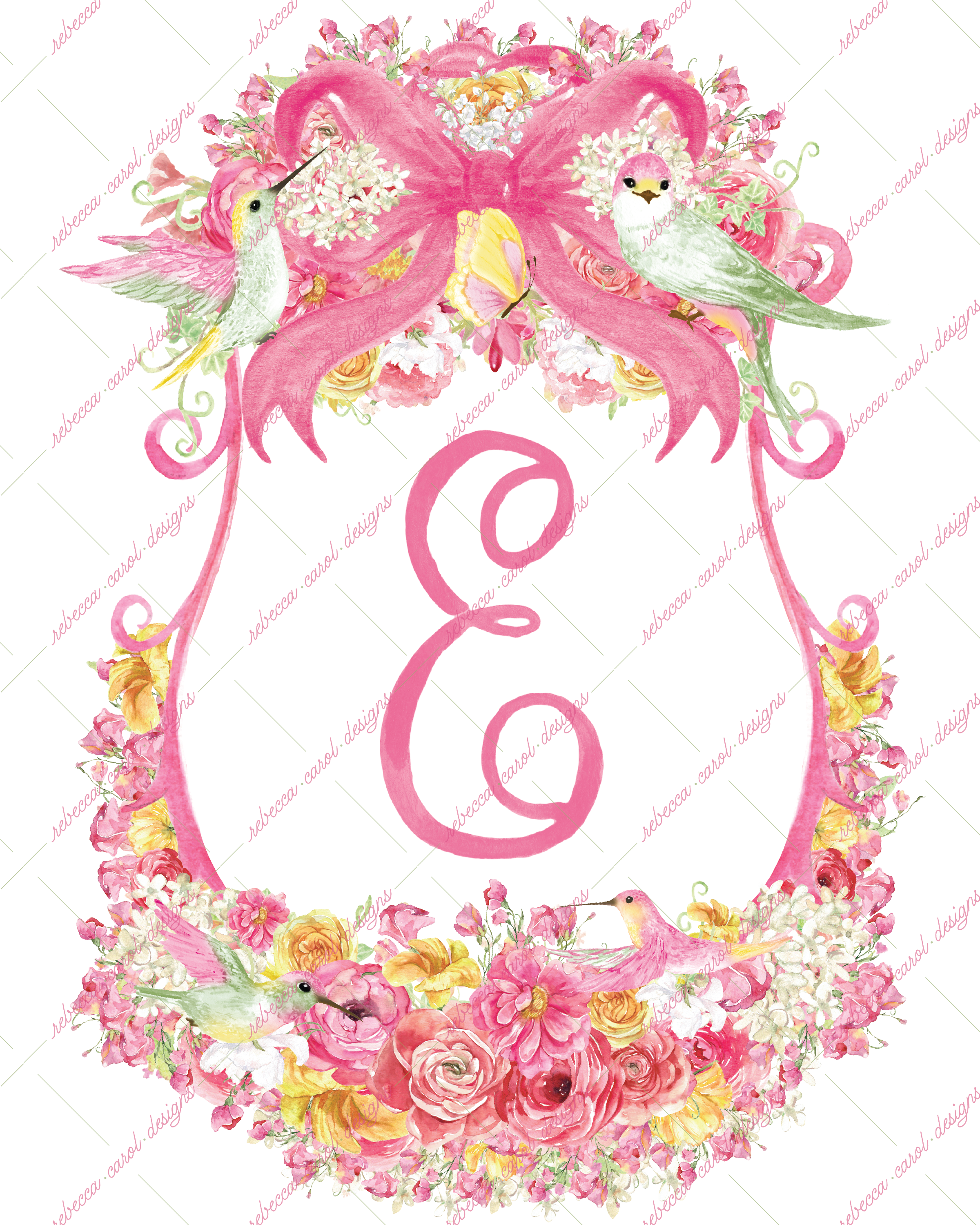 8x10in Watercolor Single Letter Monogram with Birds and Butterfly - E - Pink Option 3