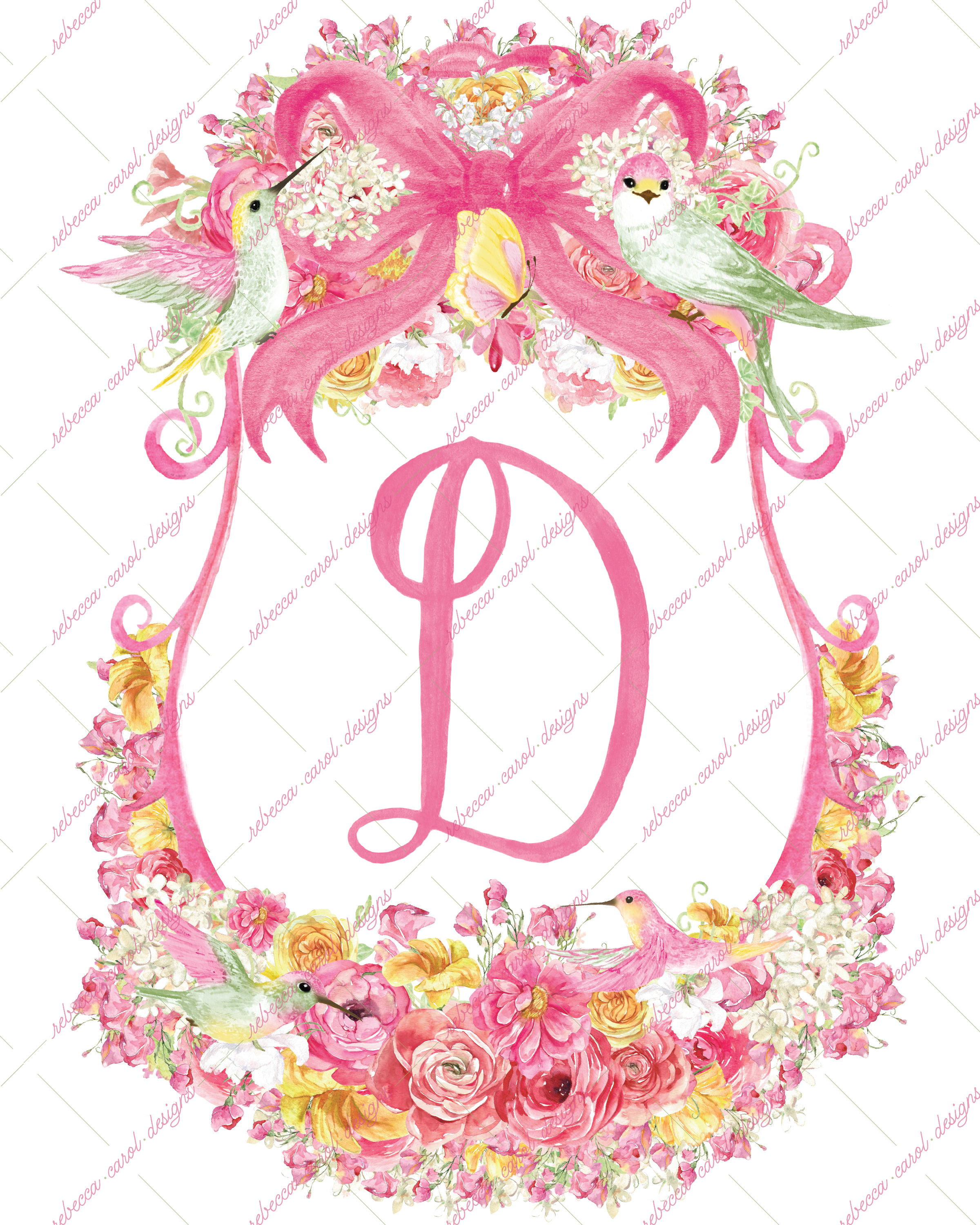 8x10in Watercolor Single Letter Monogram with Birds and Butterfly - D - Pink Option 3