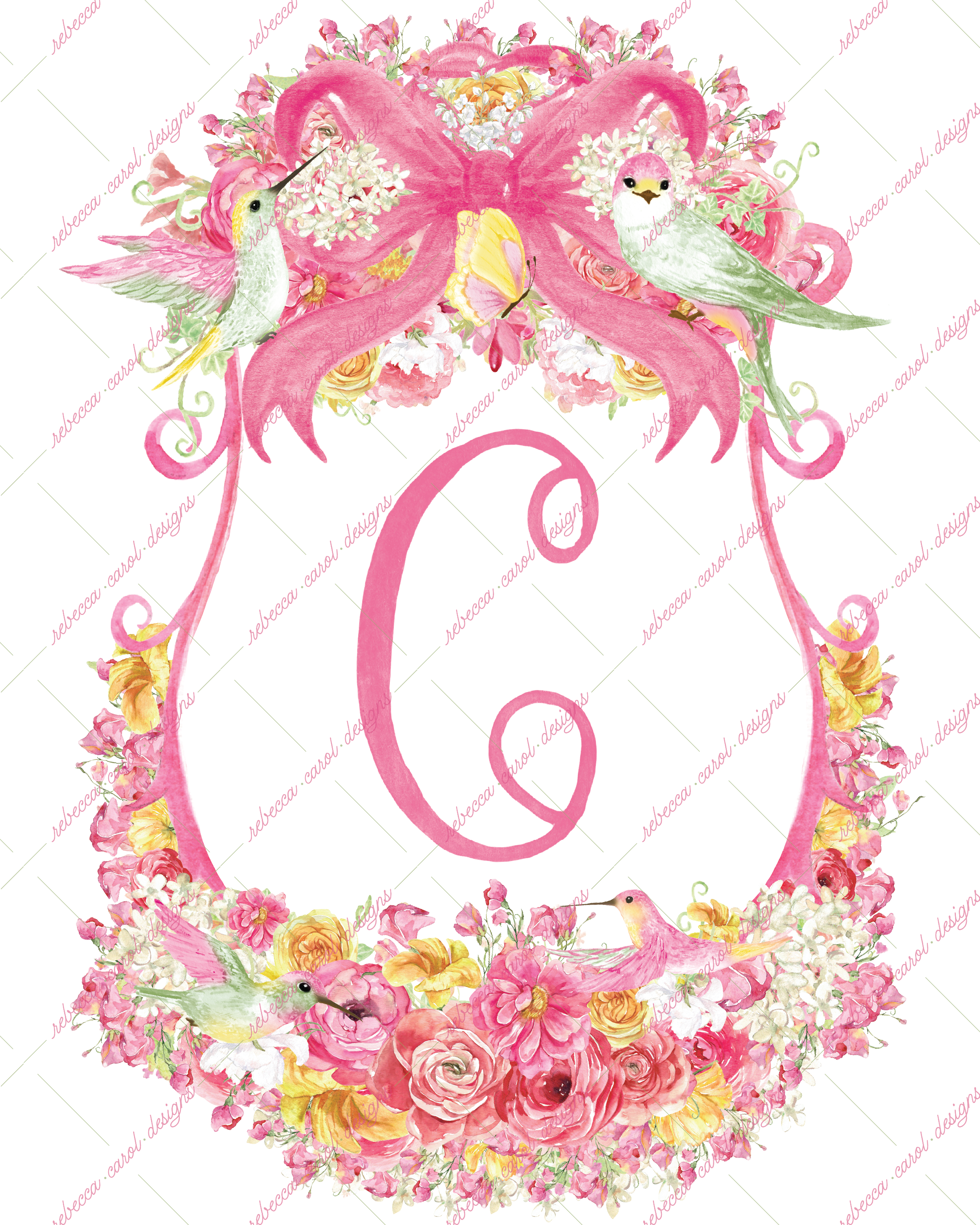 8x10in Watercolor Single Letter Monogram with Birds and Butterfly - C - Pink Option 3