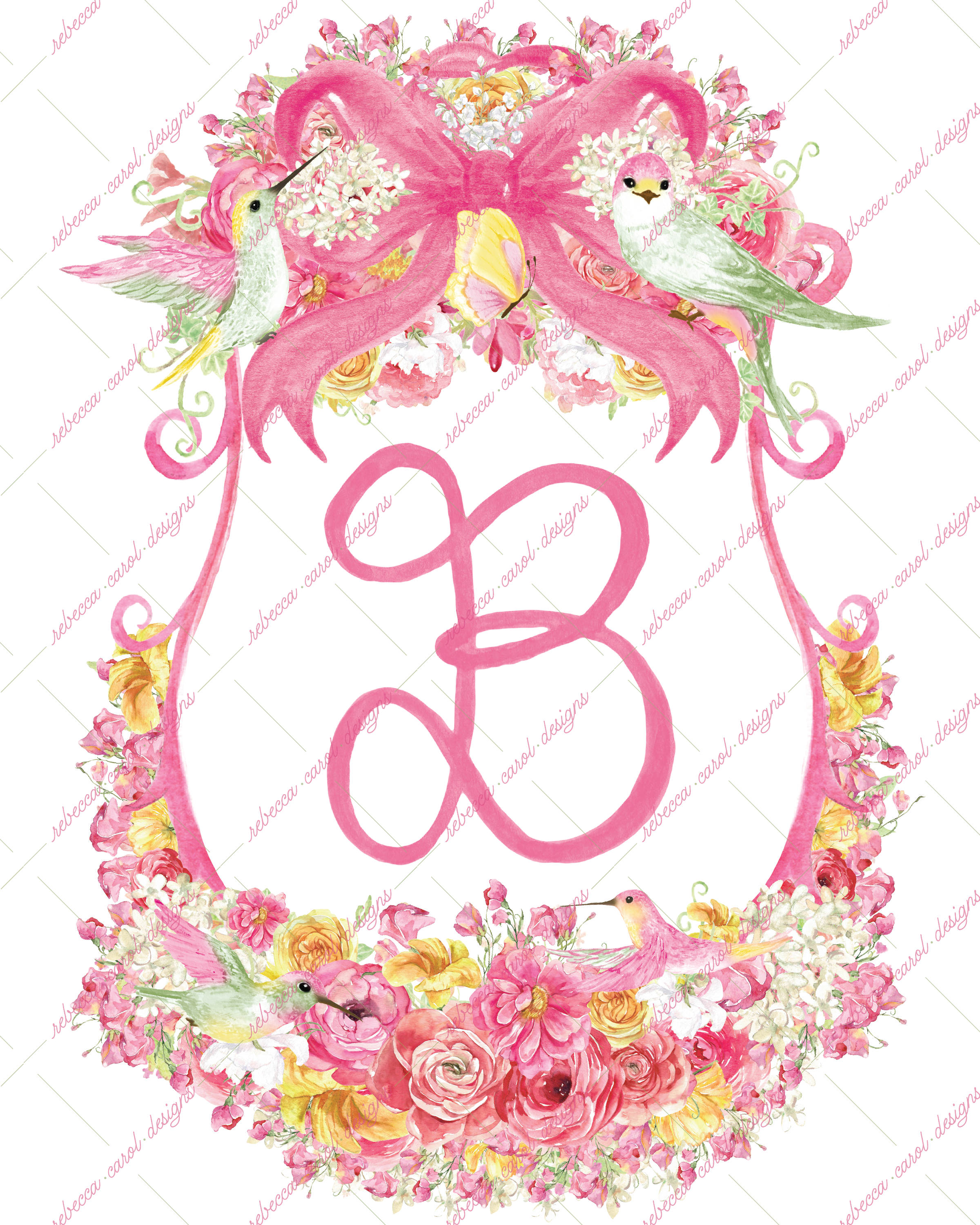 8x10in Watercolor Single Letter Monogram with Birds and Butterfly - B - Pink Option 3