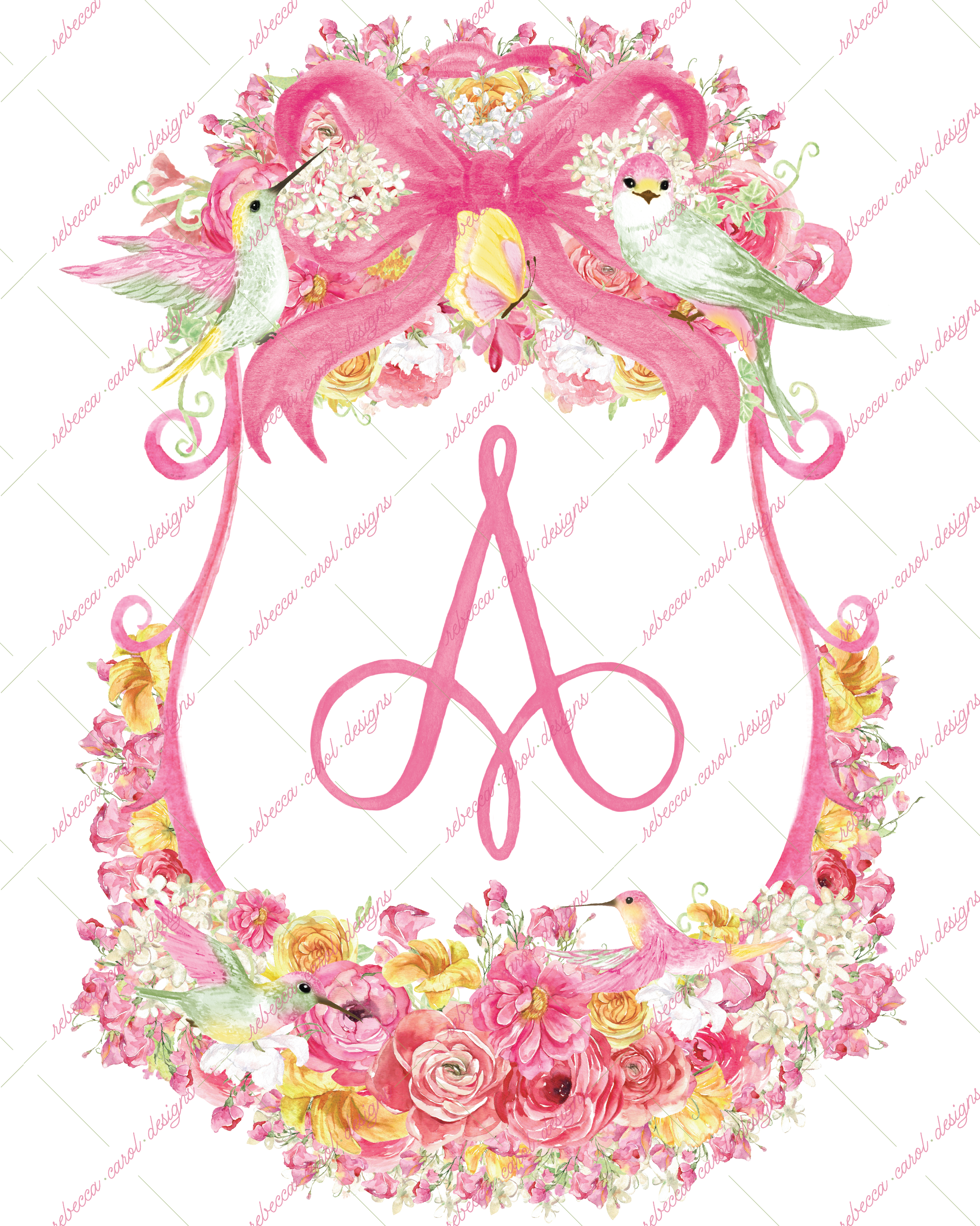 8x10in Watercolor Single Letter Monogram with Birds and Butterfly - A - Pink Option 3