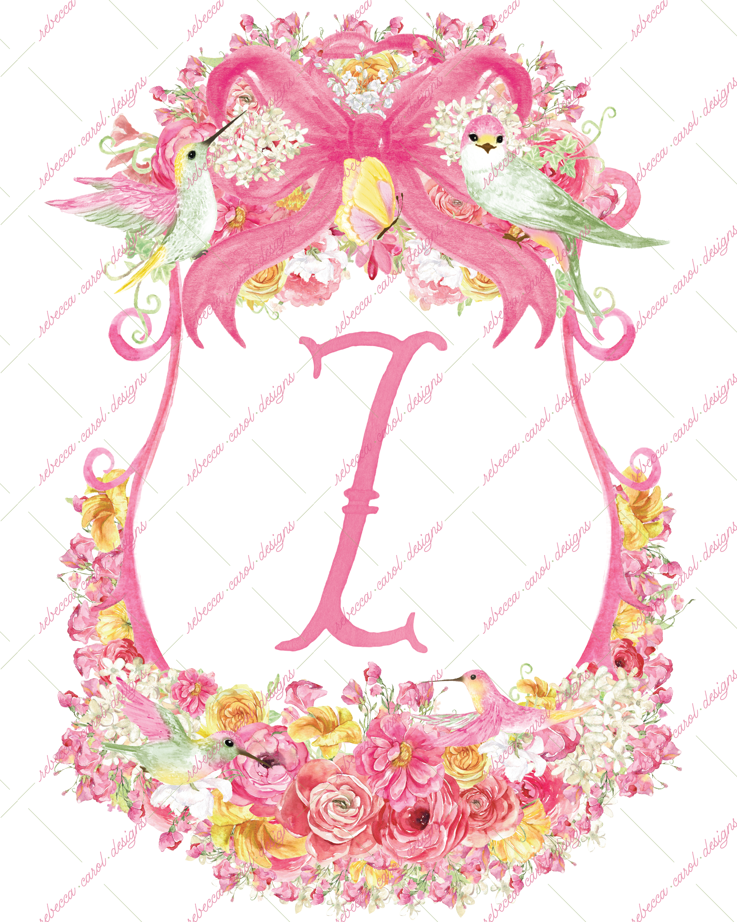 8x10in Watercolor Single Letter Monogram with Birds and Butterfly - Z - Pink Option 2