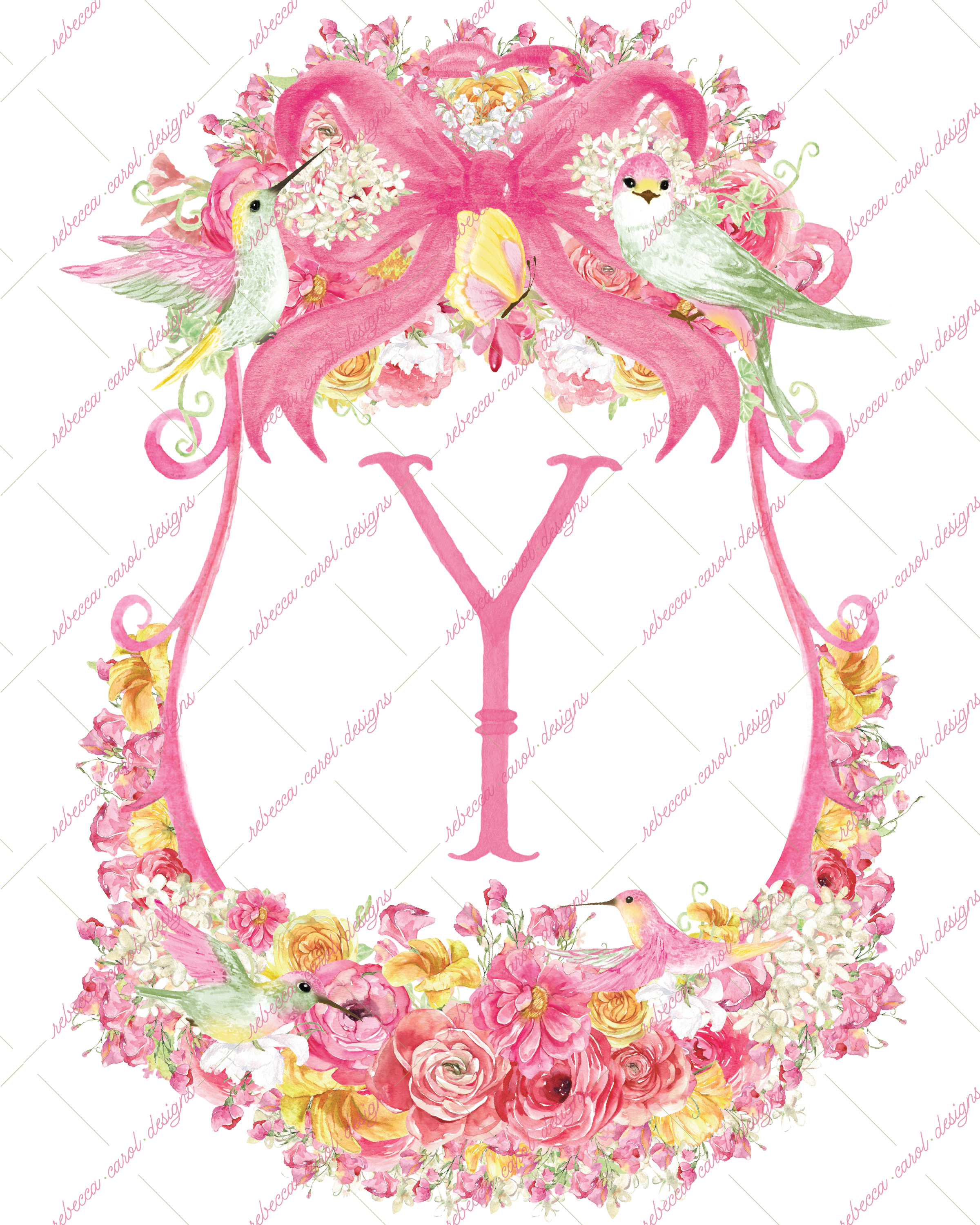 8x10in Watercolor Single Letter Monogram with Birds and Butterfly - Y - Pink Option 2