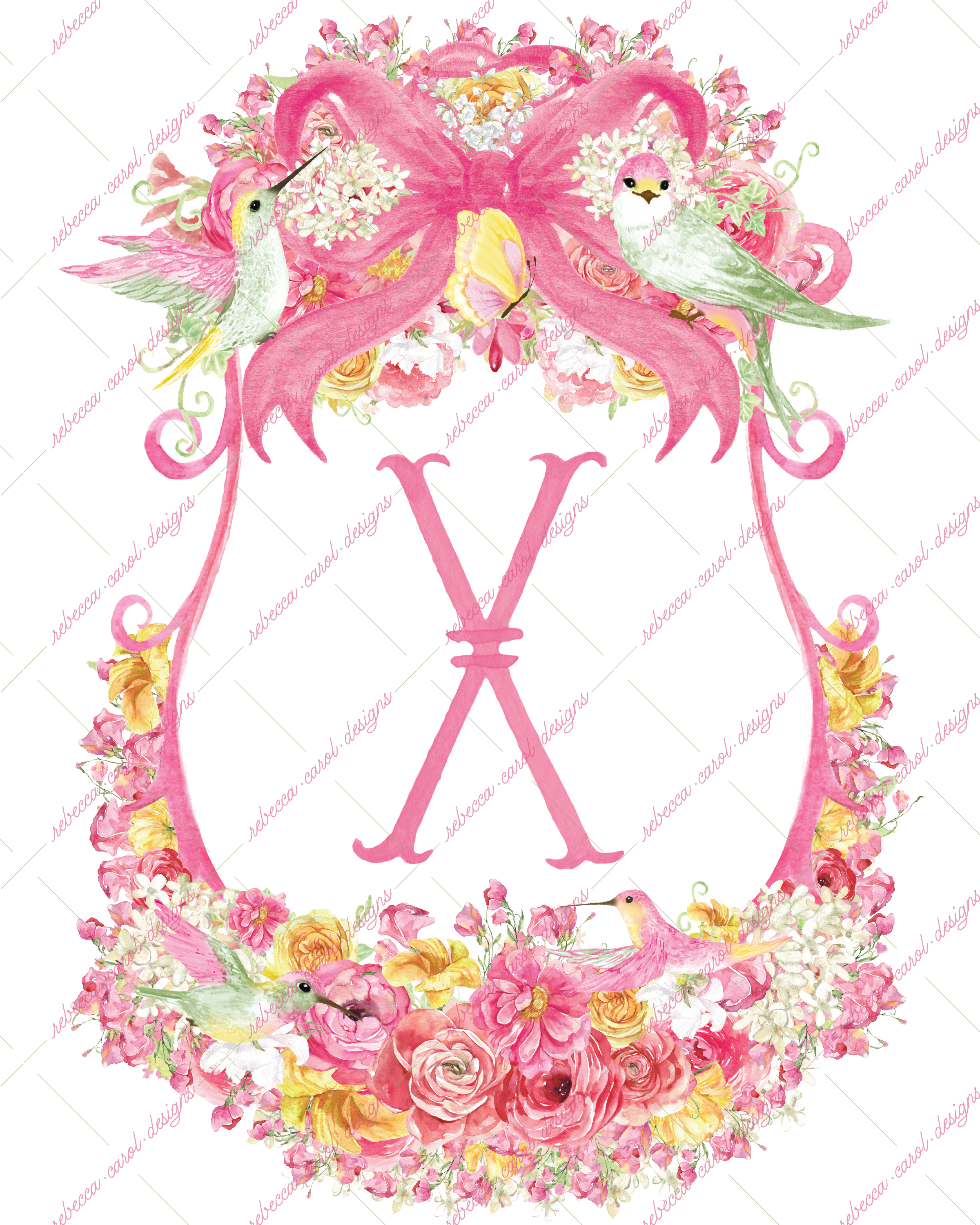 8x10in Watercolor Single Letter Monogram with Birds and Butterfly - X - Pink Option 2