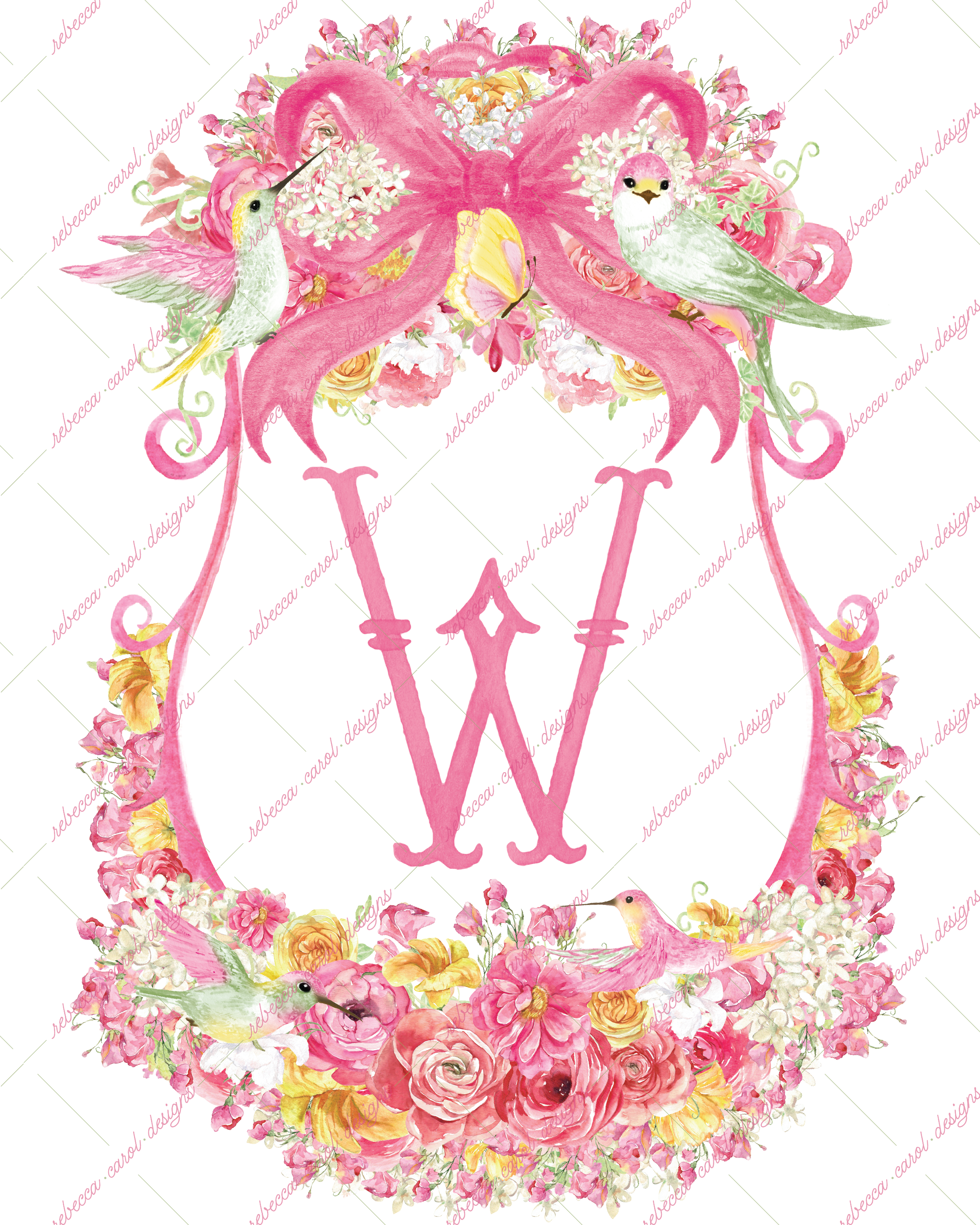 8x10in Watercolor Single Letter Monogram with Birds and Butterfly - W - Pink Option 2