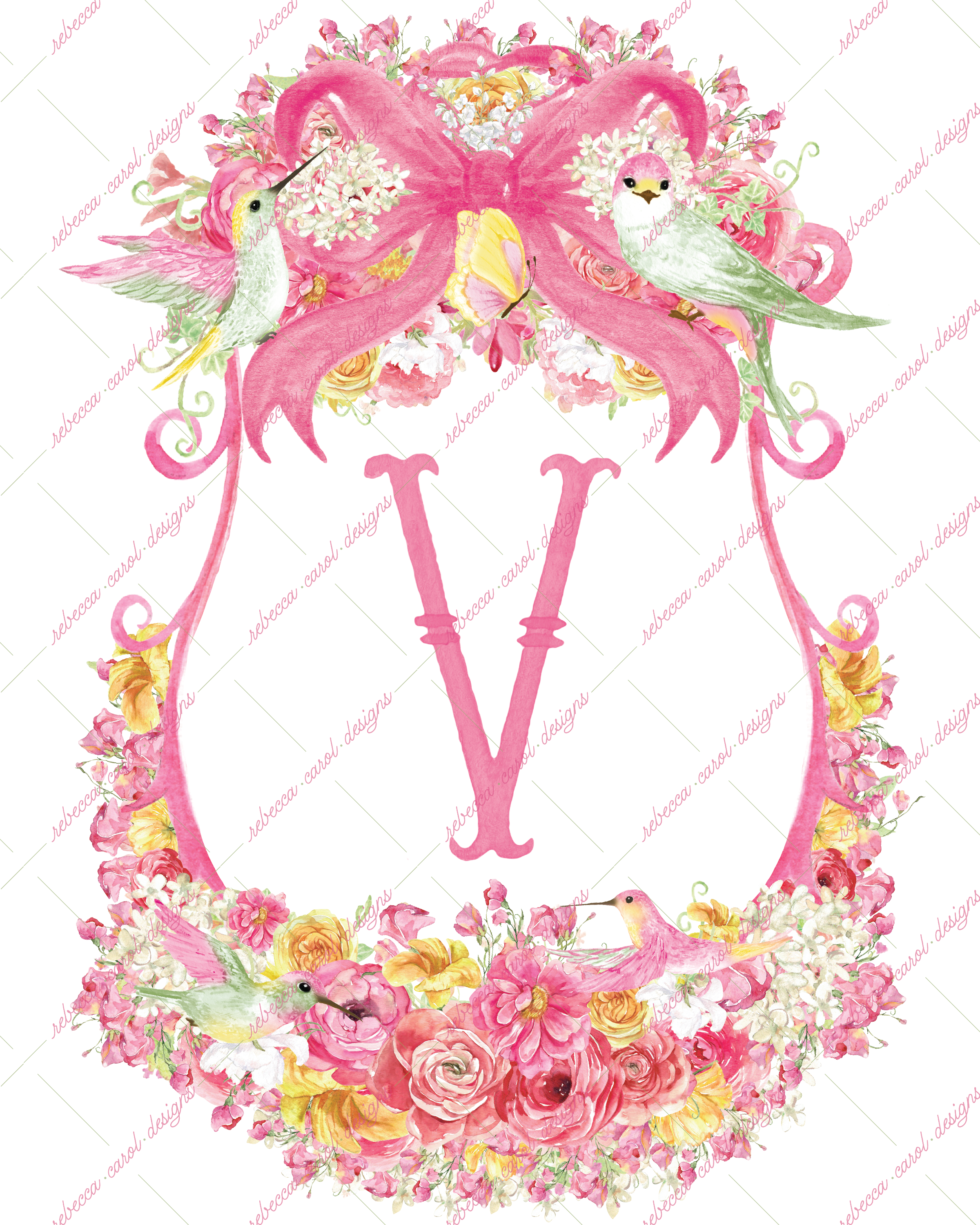 8x10in Watercolor Single Letter Monogram with Birds and Butterfly - V - Pink Option 2