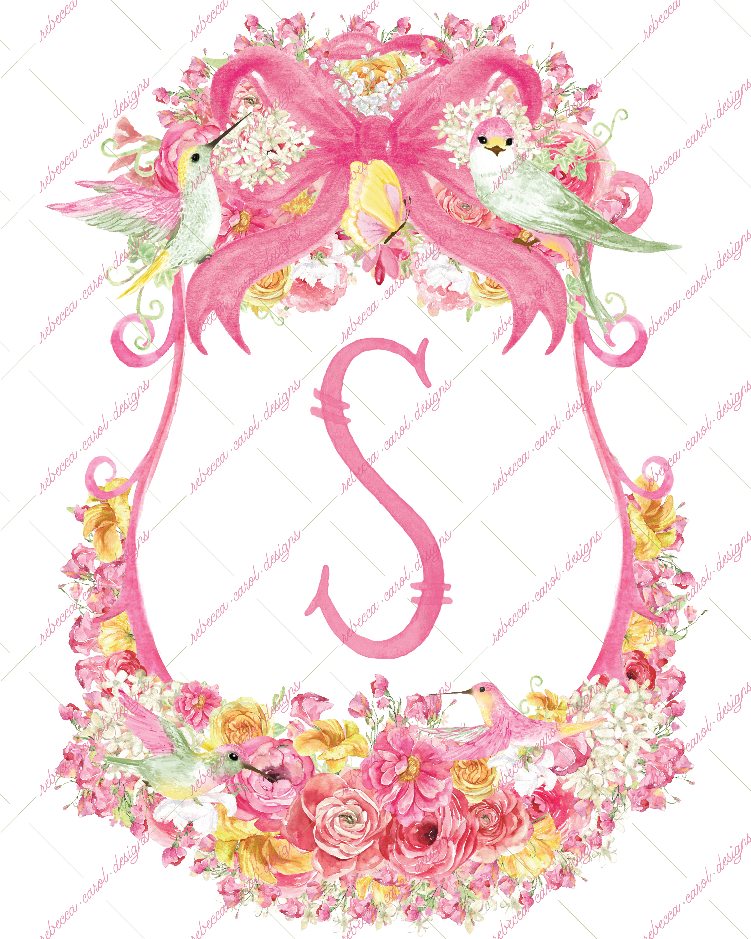 8x10in Watercolor Single Letter Monogram with Birds and Butterfly - S - Pink Option 2
