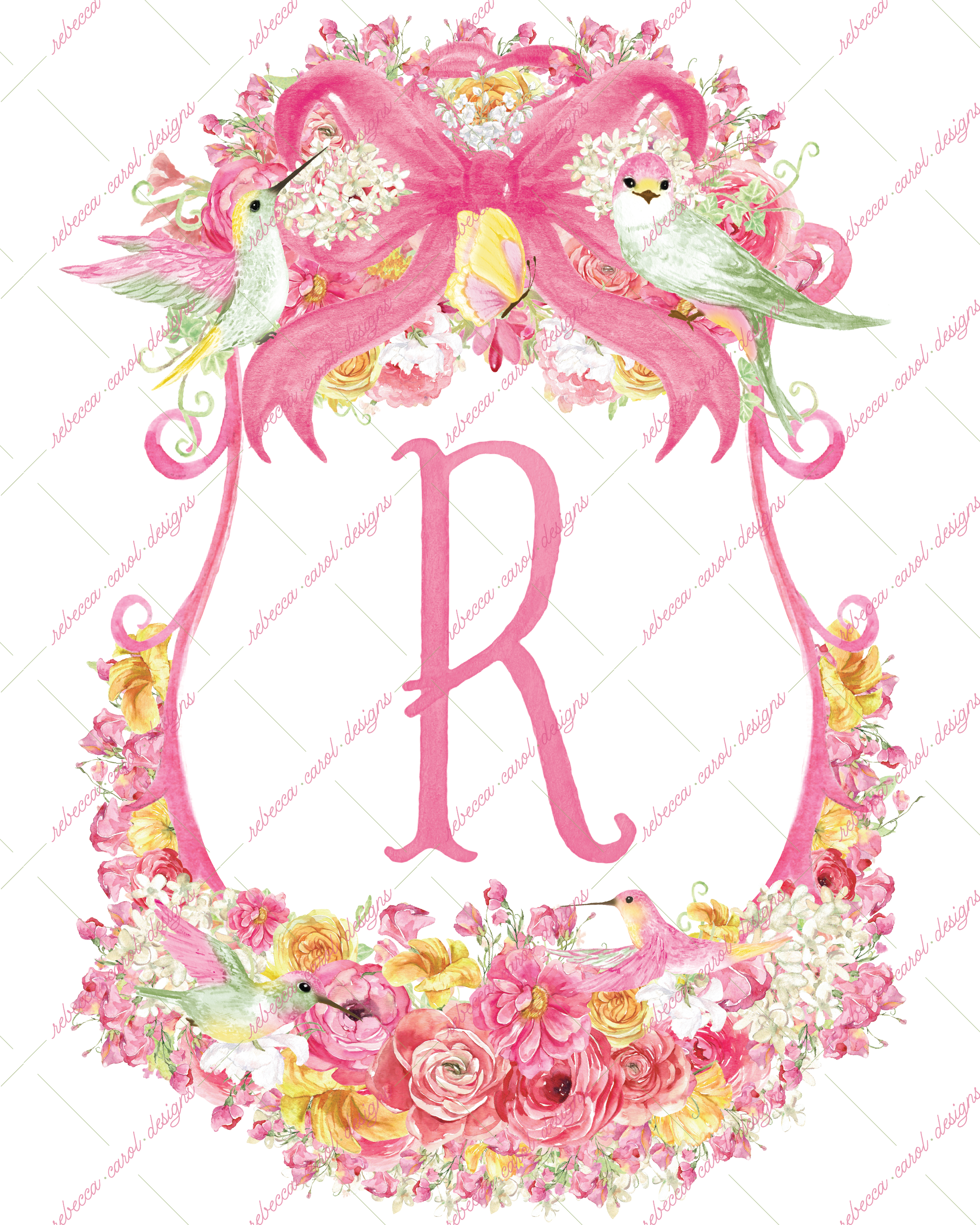 8x10in Watercolor Single Letter Monogram with Birds and Butterfly - R - Pink Option 2