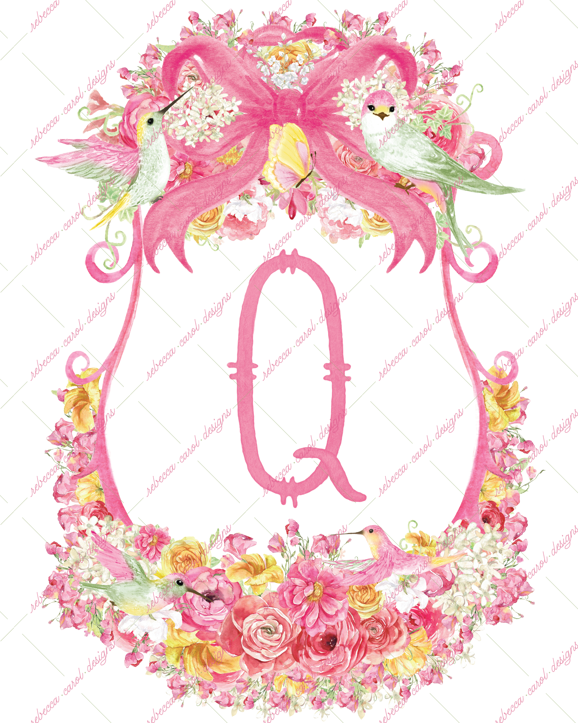 8x10in Watercolor Single Letter Monogram with Birds and Butterfly - Q - Pink Option 2