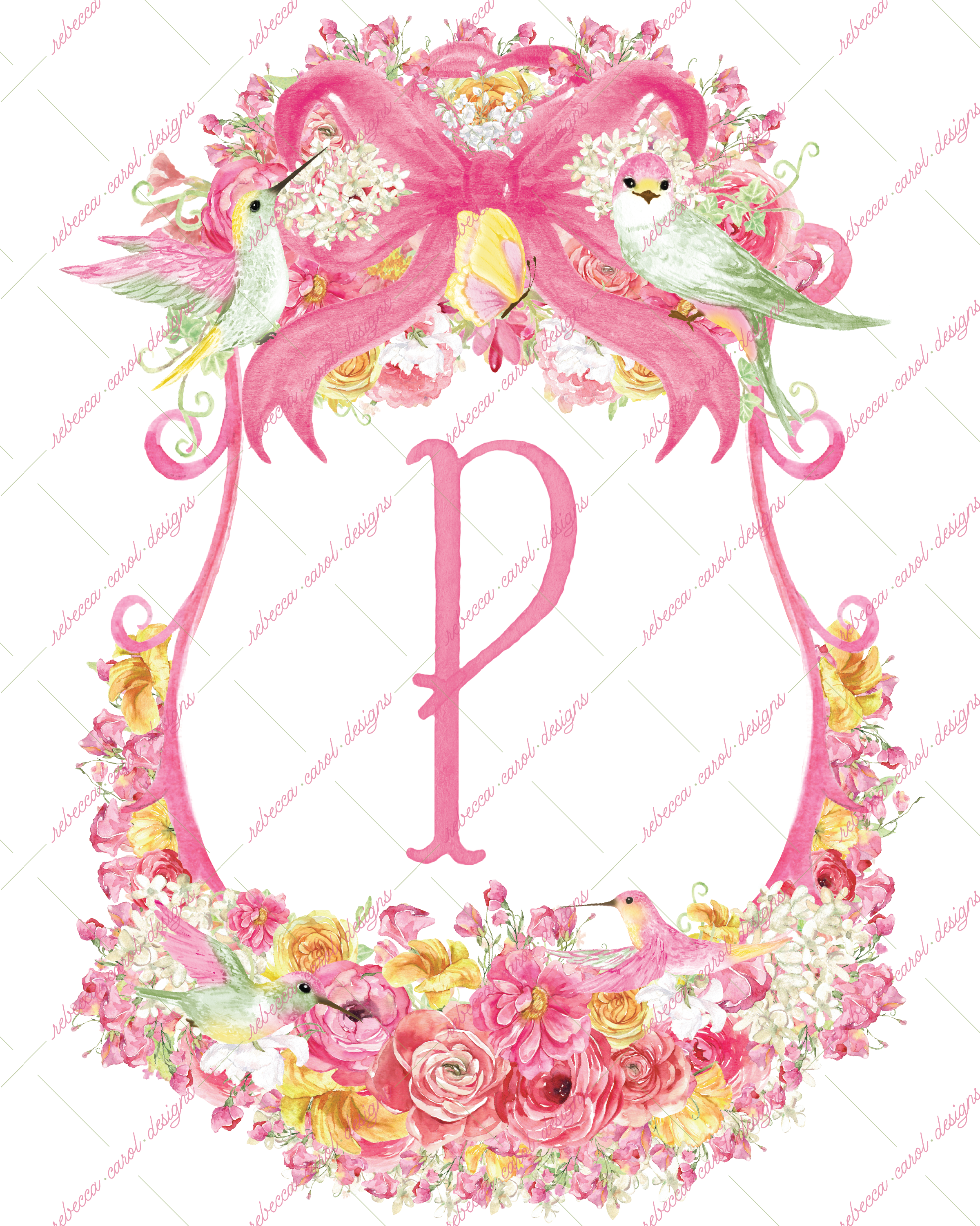 8x10in Watercolor Single Letter Monogram with Birds and Butterfly - P - Pink Option 2