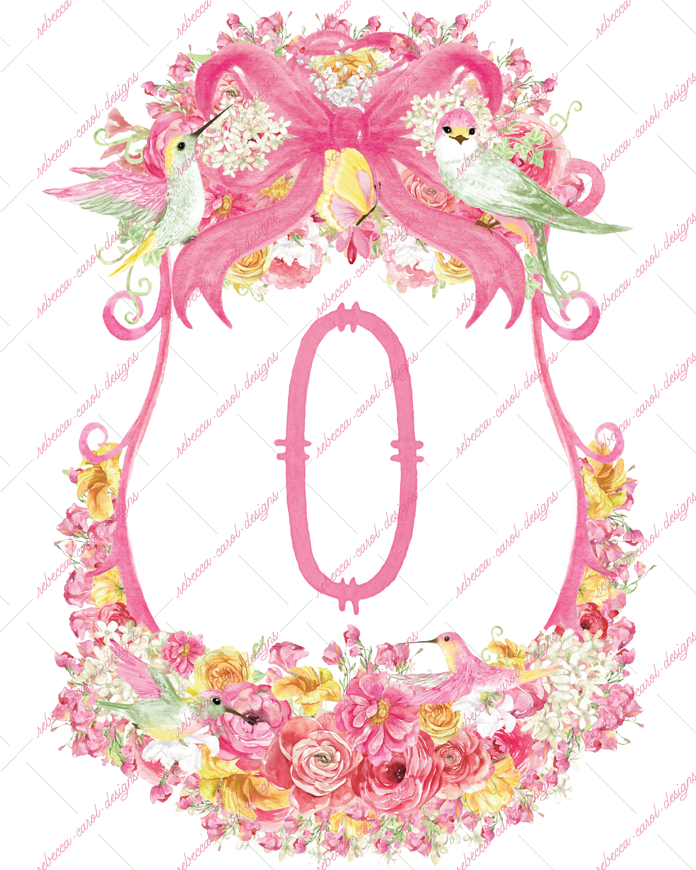 8x10in Watercolor Single Letter Monogram with Birds and Butterfly - O - Pink Option 2