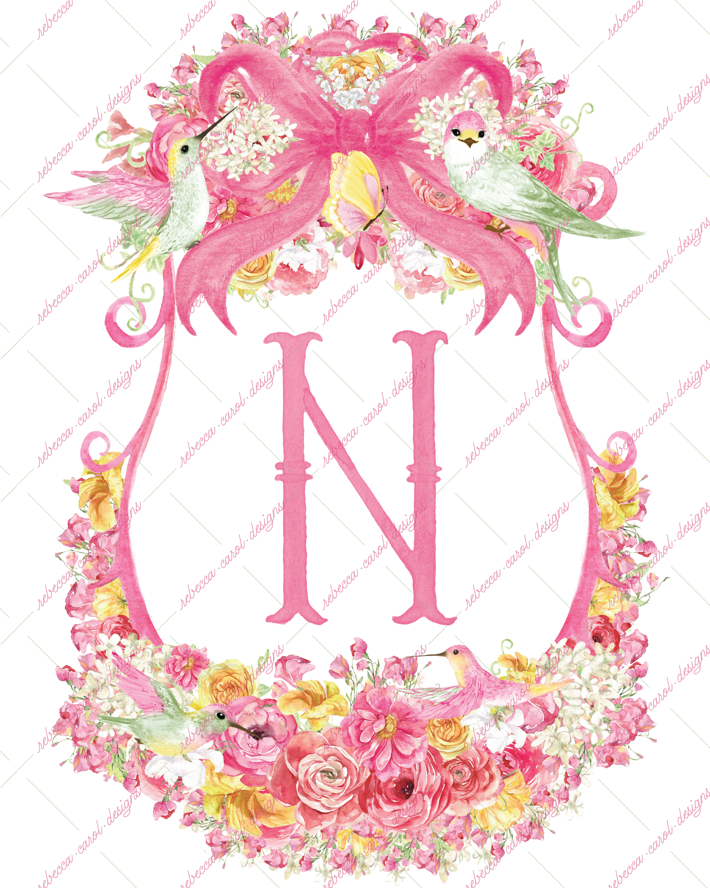 8x10in Watercolor Single Letter Monogram with Birds and Butterfly - N - Pink Option 2