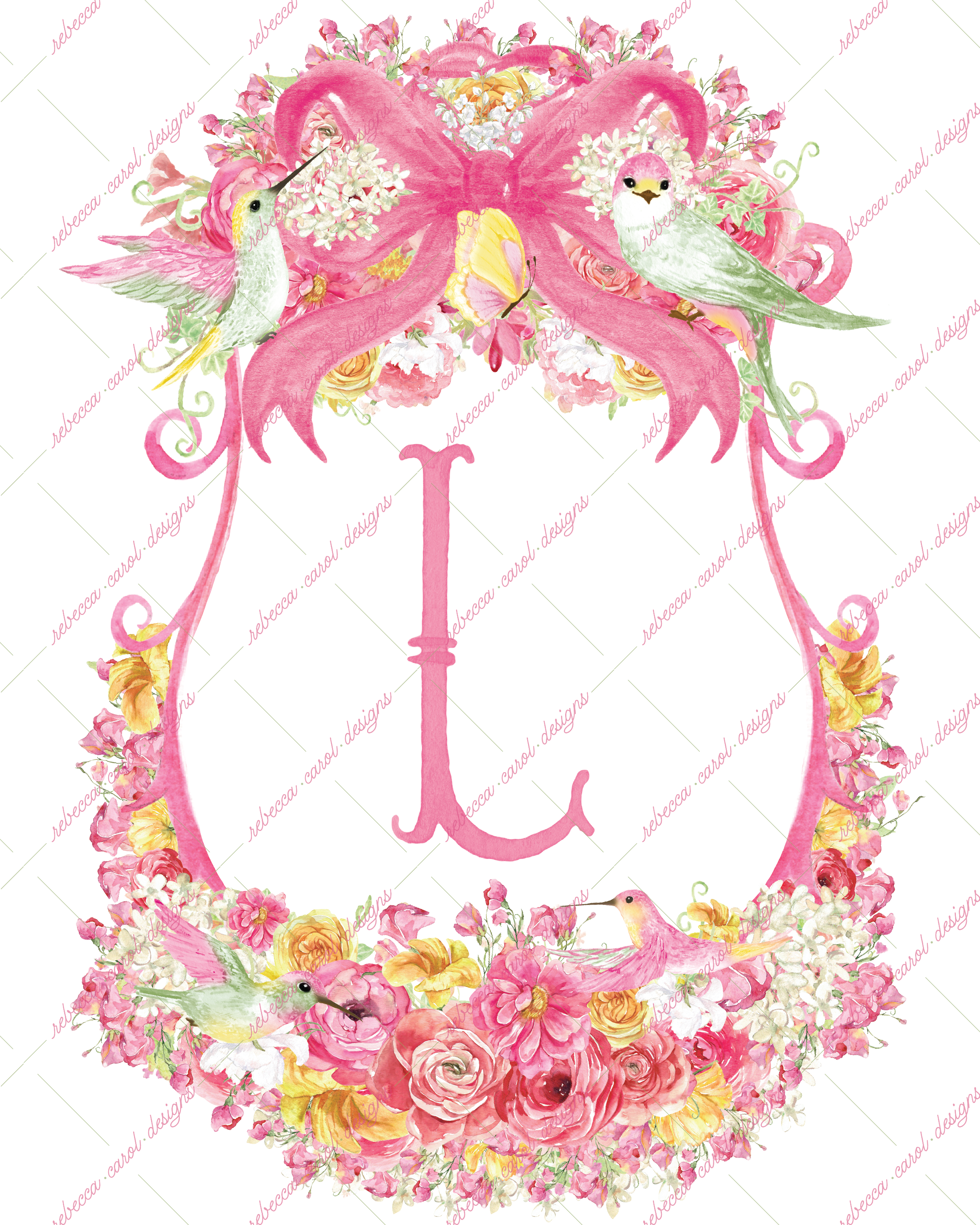 8x10in Watercolor Single Letter Monogram with Birds and Butterfly - L - Pink Option 2