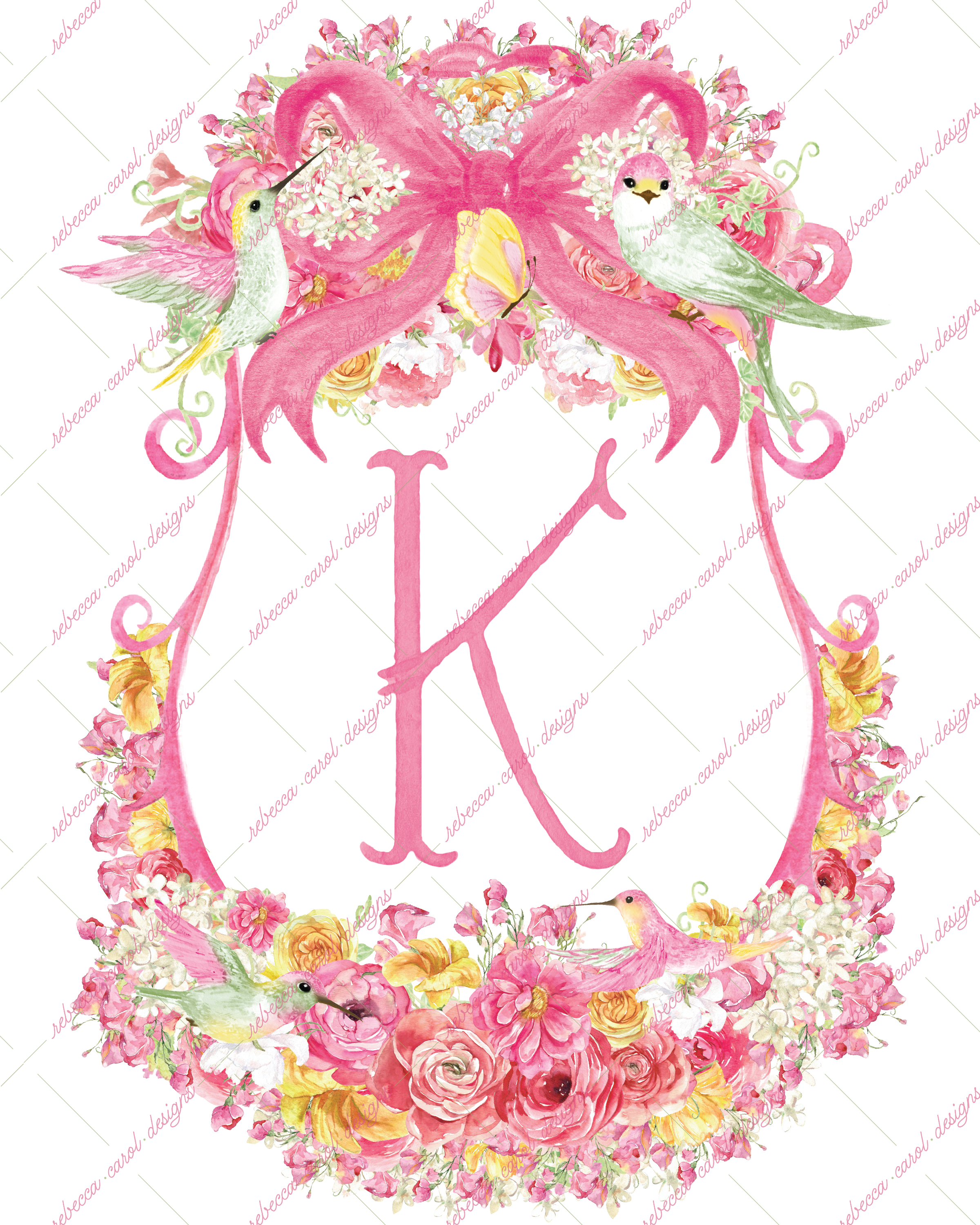 8x10in Watercolor Single Letter Monogram with Birds and Butterfly - K - Pink Option 2