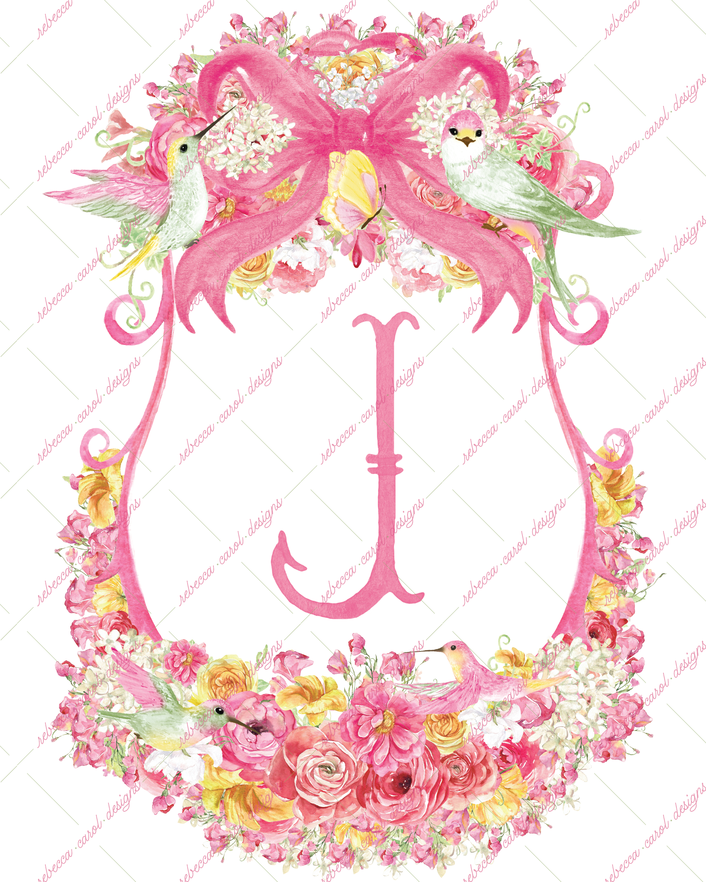 8x10in Watercolor Single Letter Monogram with Birds and Butterfly - J - Pink Option 2