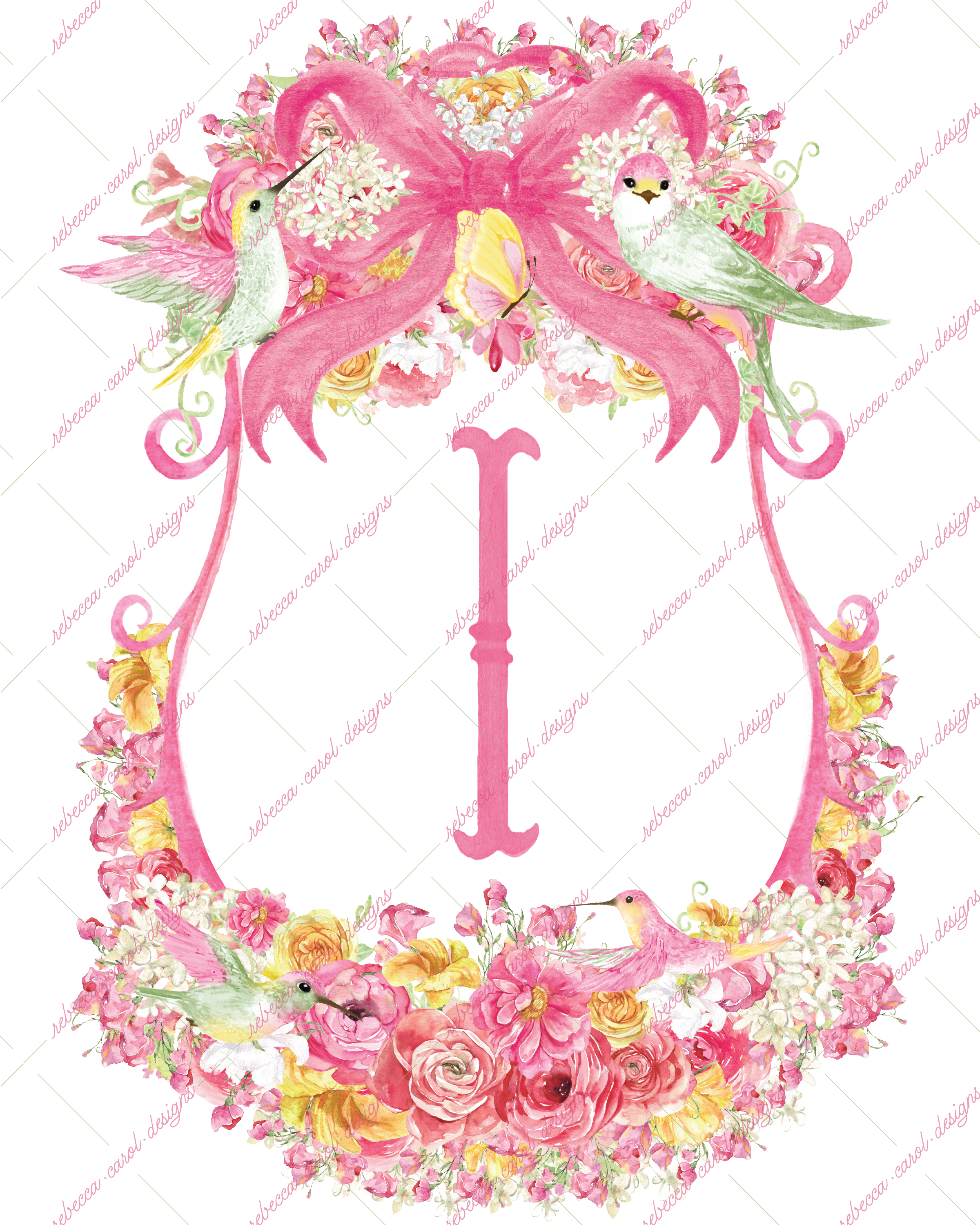 8x10in Watercolor Single Letter Monogram with Birds and Butterfly - I - Pink Option 2