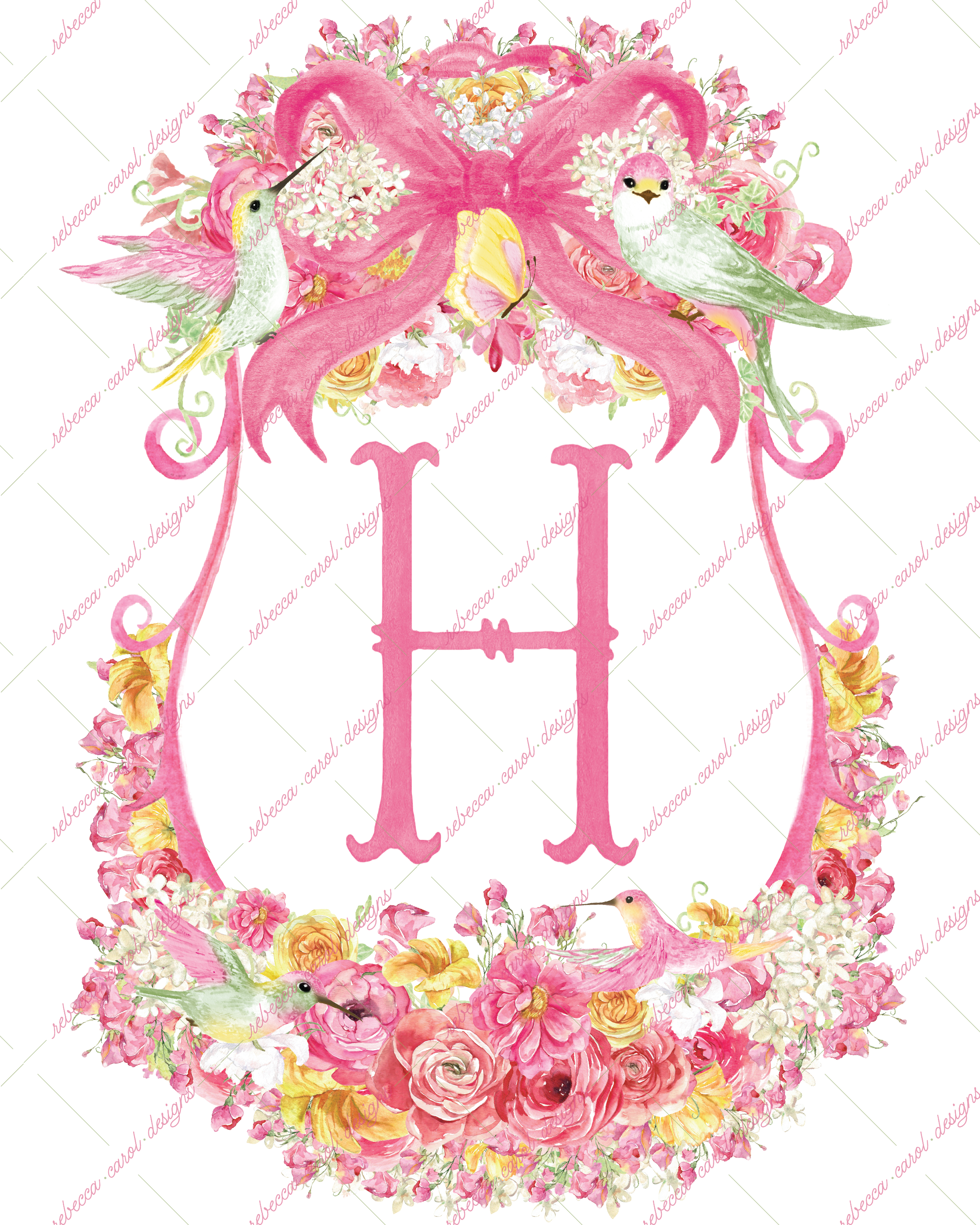 8x10in Watercolor Single Letter Monogram with Birds and Butterfly - H - Pink Option 2