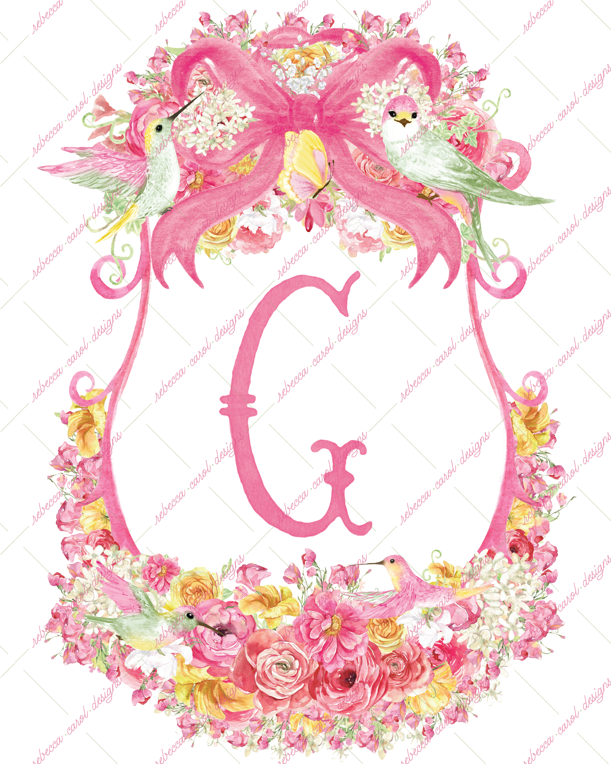 8x10in Watercolor Single Letter Monogram with Birds and Butterfly - G - Pink Option 2