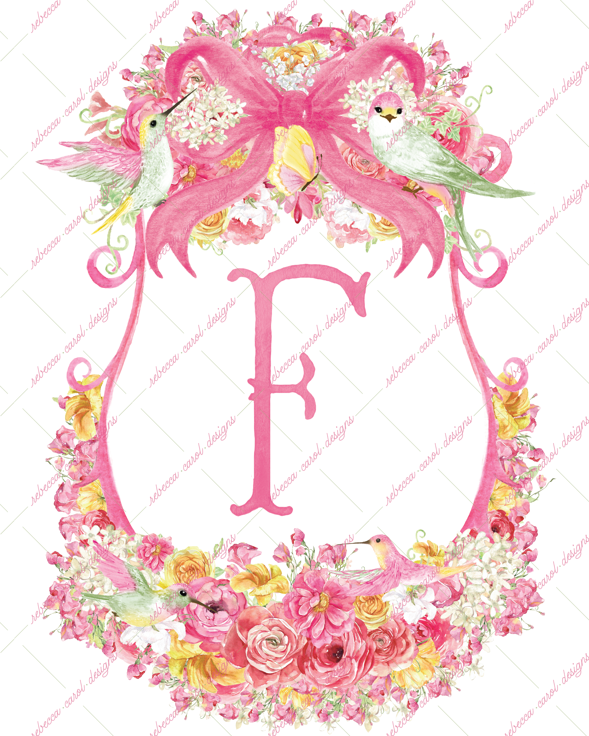 8x10in Watercolor Single Letter Monogram with Birds and Butterfly - F - Pink Option 2