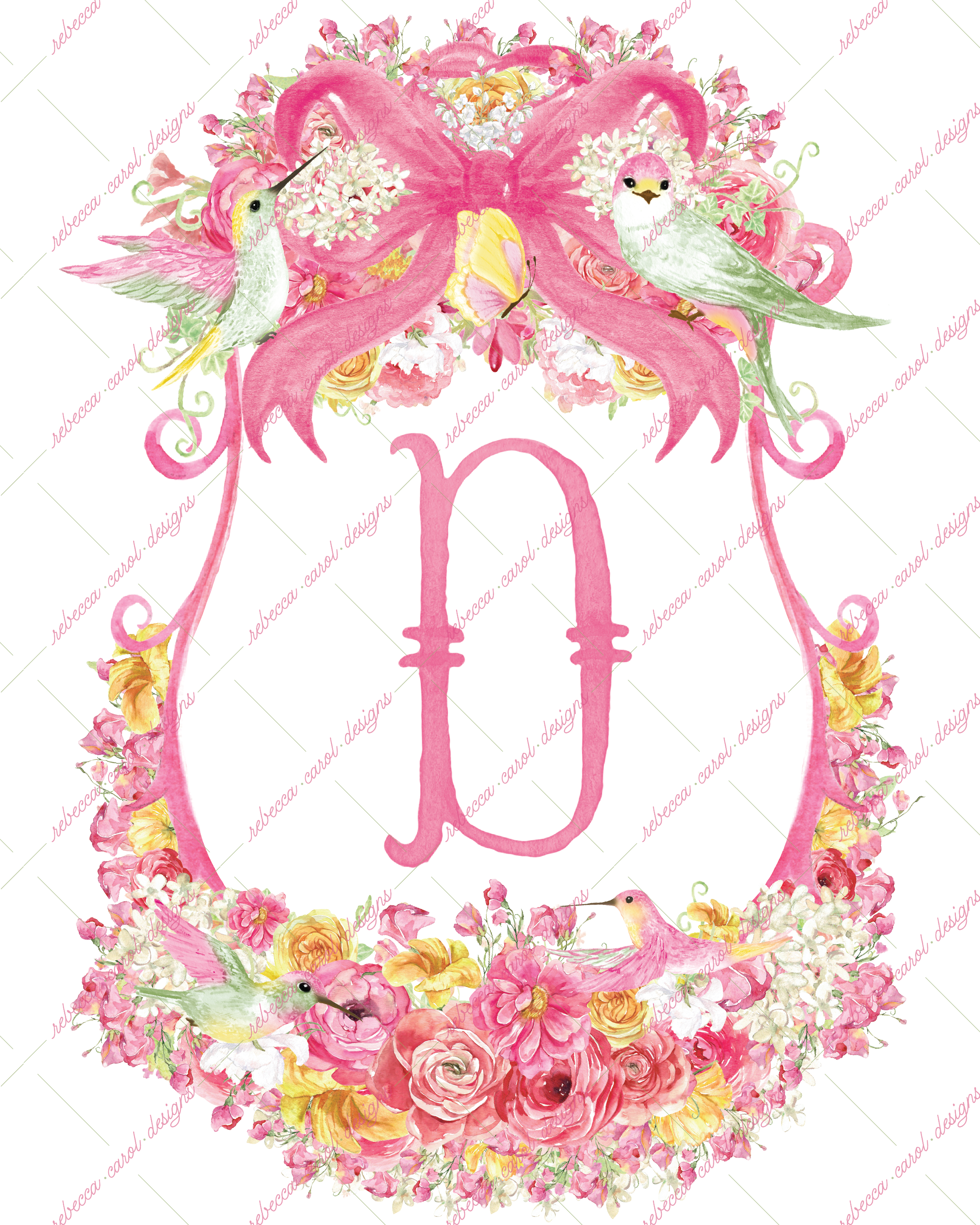 8x10in Watercolor Single Letter Monogram with Birds and Butterfly - D - Pink Option 2