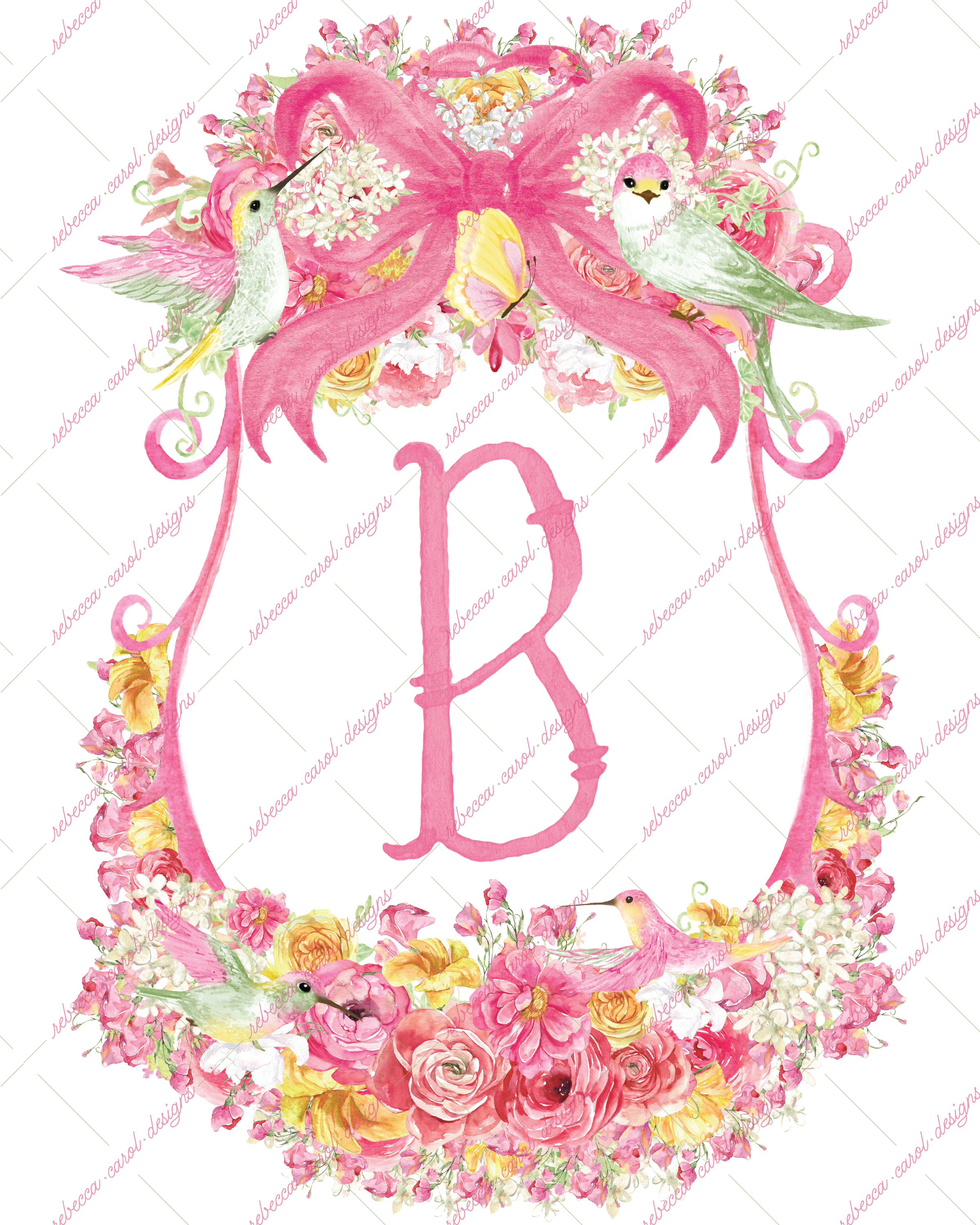 8x10in Watercolor Single Letter Monogram with Birds and Butterfly - B - Pink Option 2