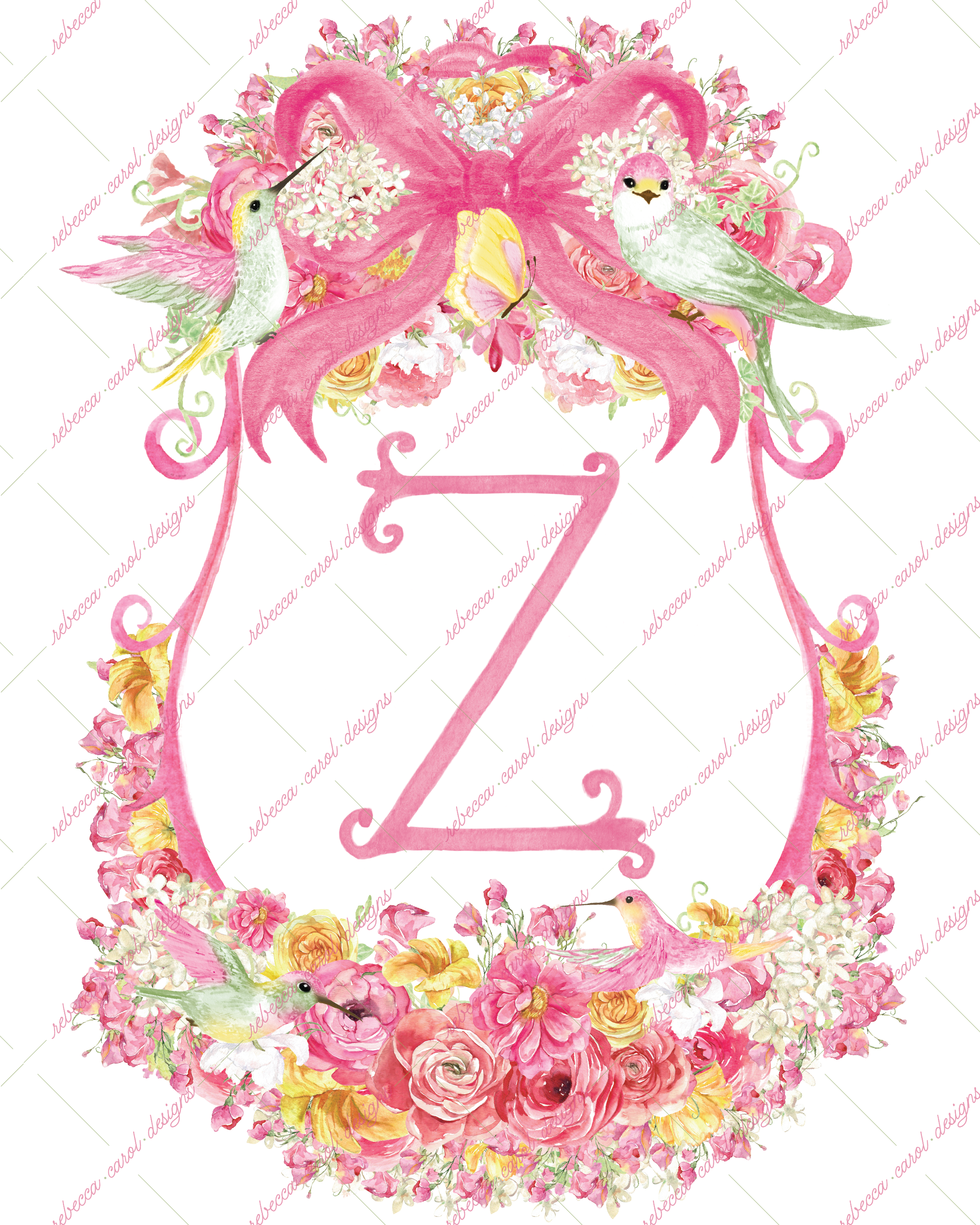 8x10in Watercolor Single Letter Monogram with Birds and Butterfly - Z - Pink Option 1
