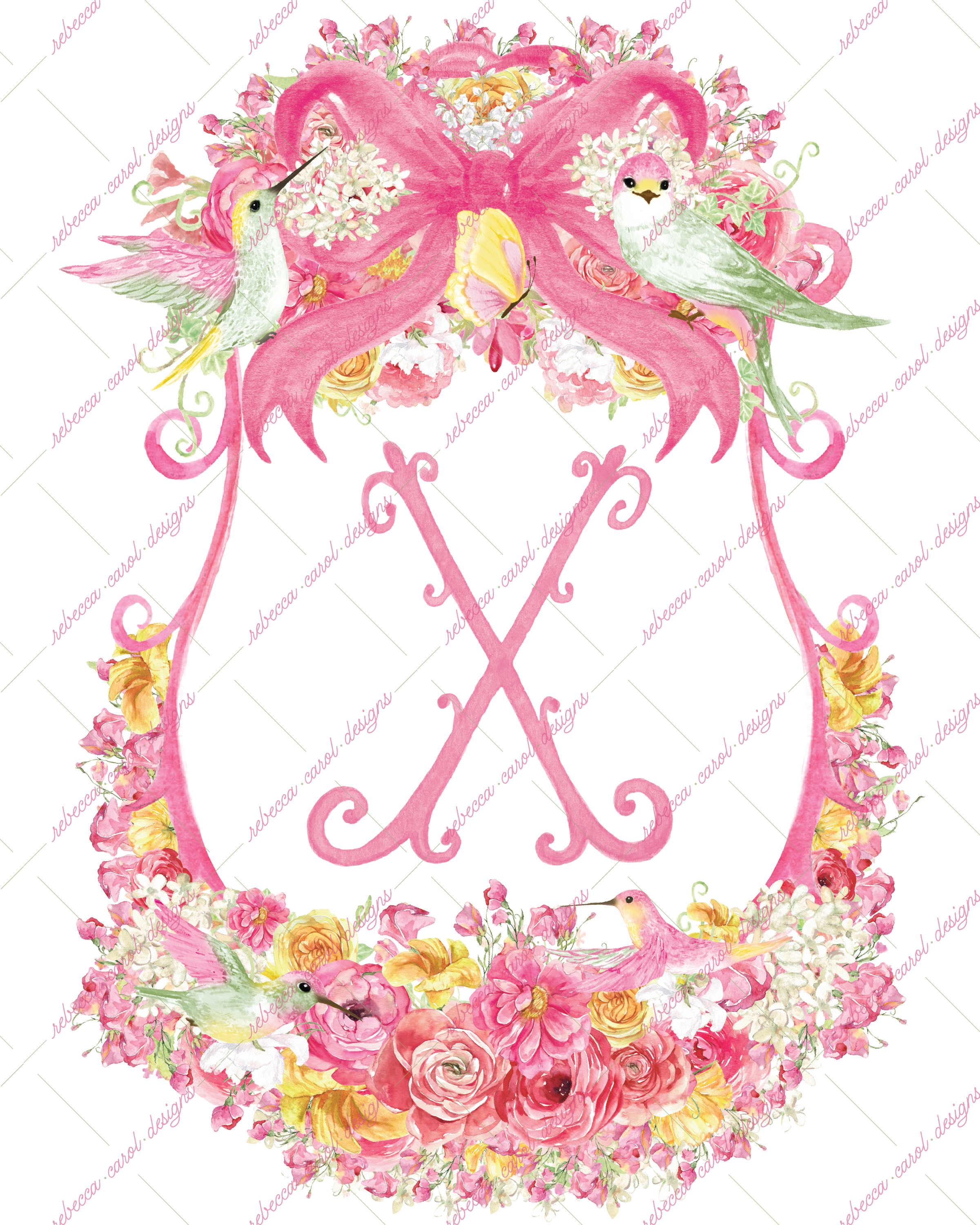 8x10in Watercolor Single Letter Monogram with Birds and Butterfly - X - Pink Option 1