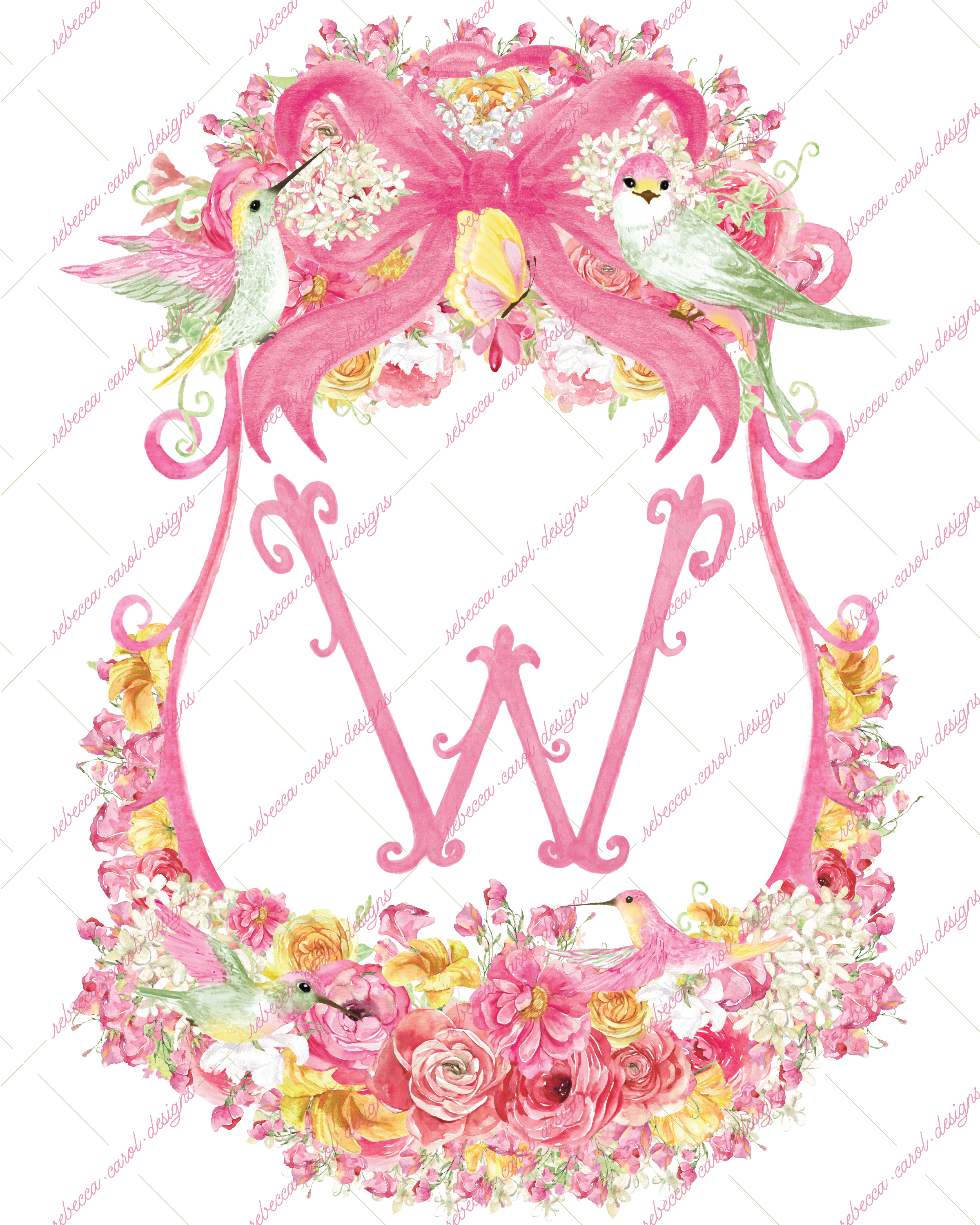 8x10in Watercolor Single Letter Monogram with Birds and Butterfly - W - Pink Option 1
