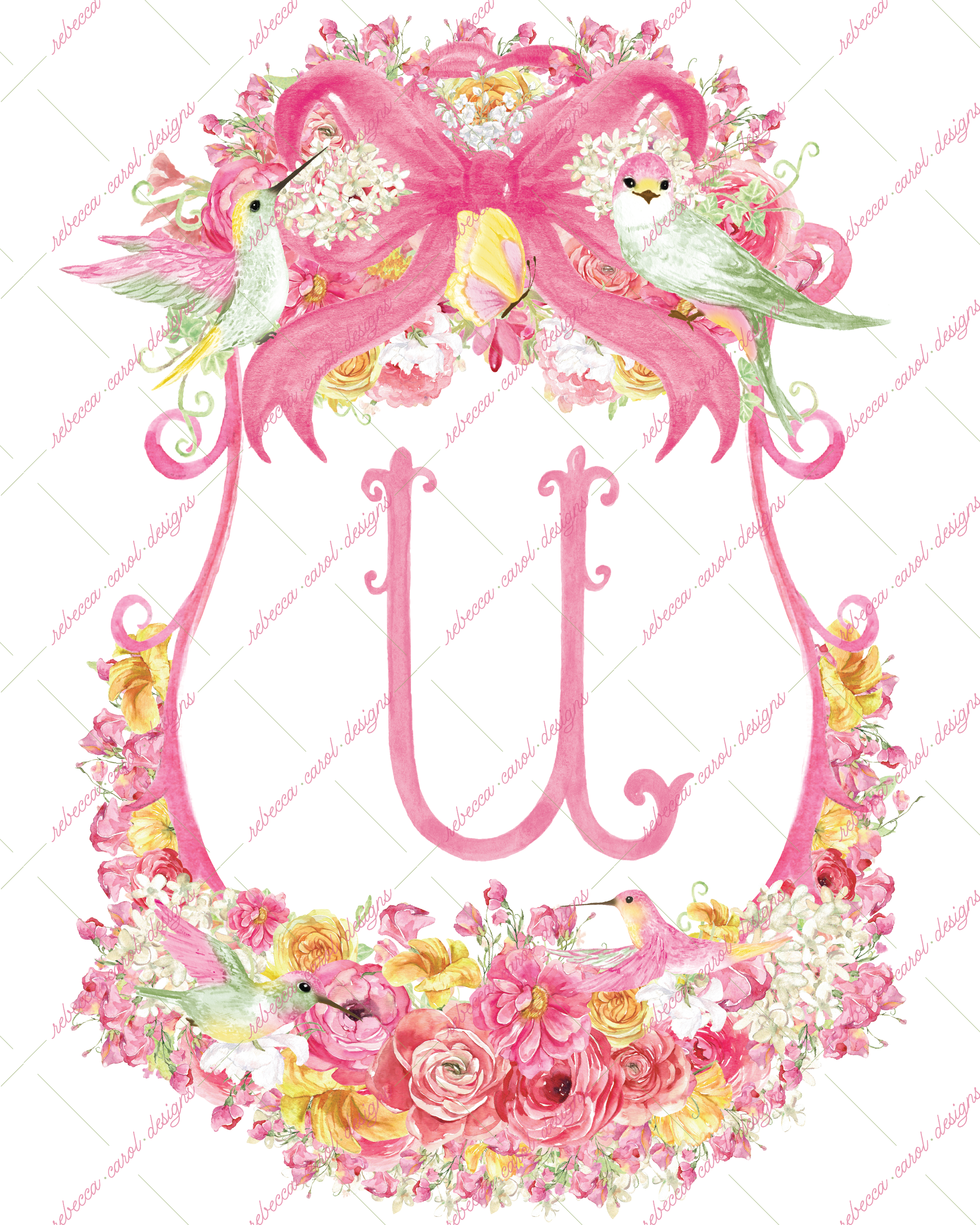 8x10in Watercolor Single Letter Monogram with Birds and Butterfly - U - Pink Option 1