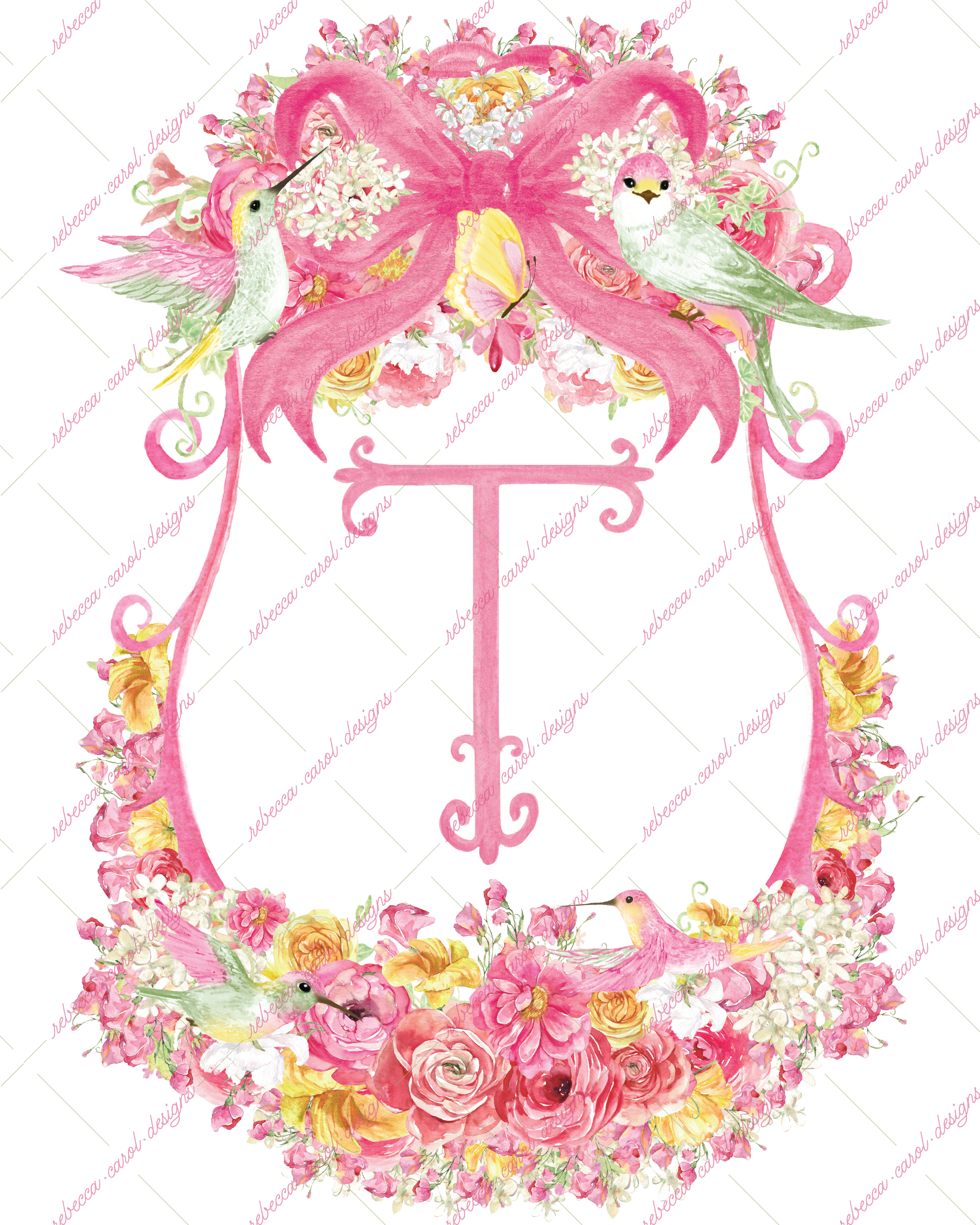 8x10in Watercolor Single Letter Monogram with Birds and Butterfly - T - Pink Option 1