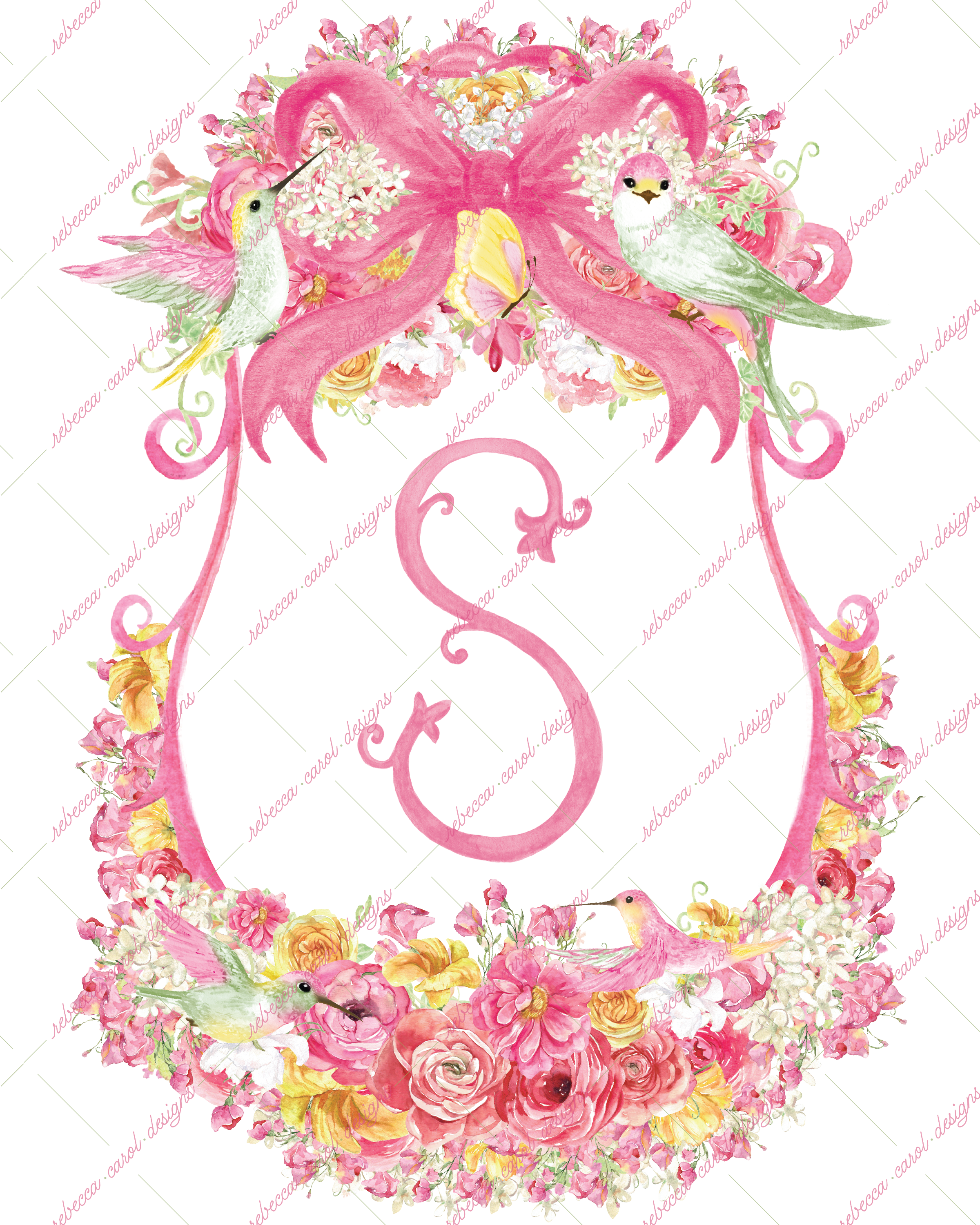 8x10in Watercolor Single Letter Monogram with Birds and Butterfly - S - Pink Option 1