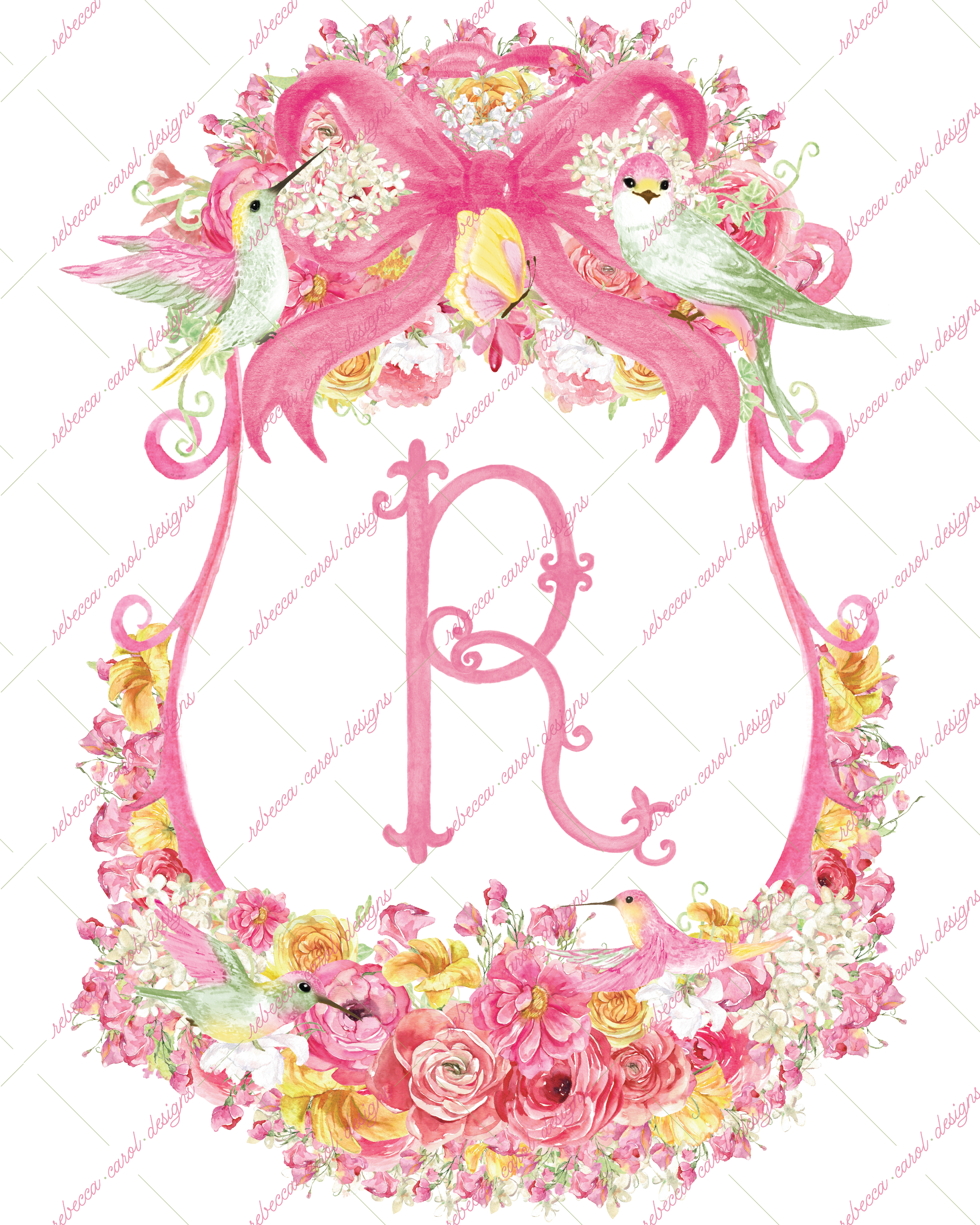 8x10in Watercolor Single Letter Monogram with Birds and Butterfly - R - Pink Option 1