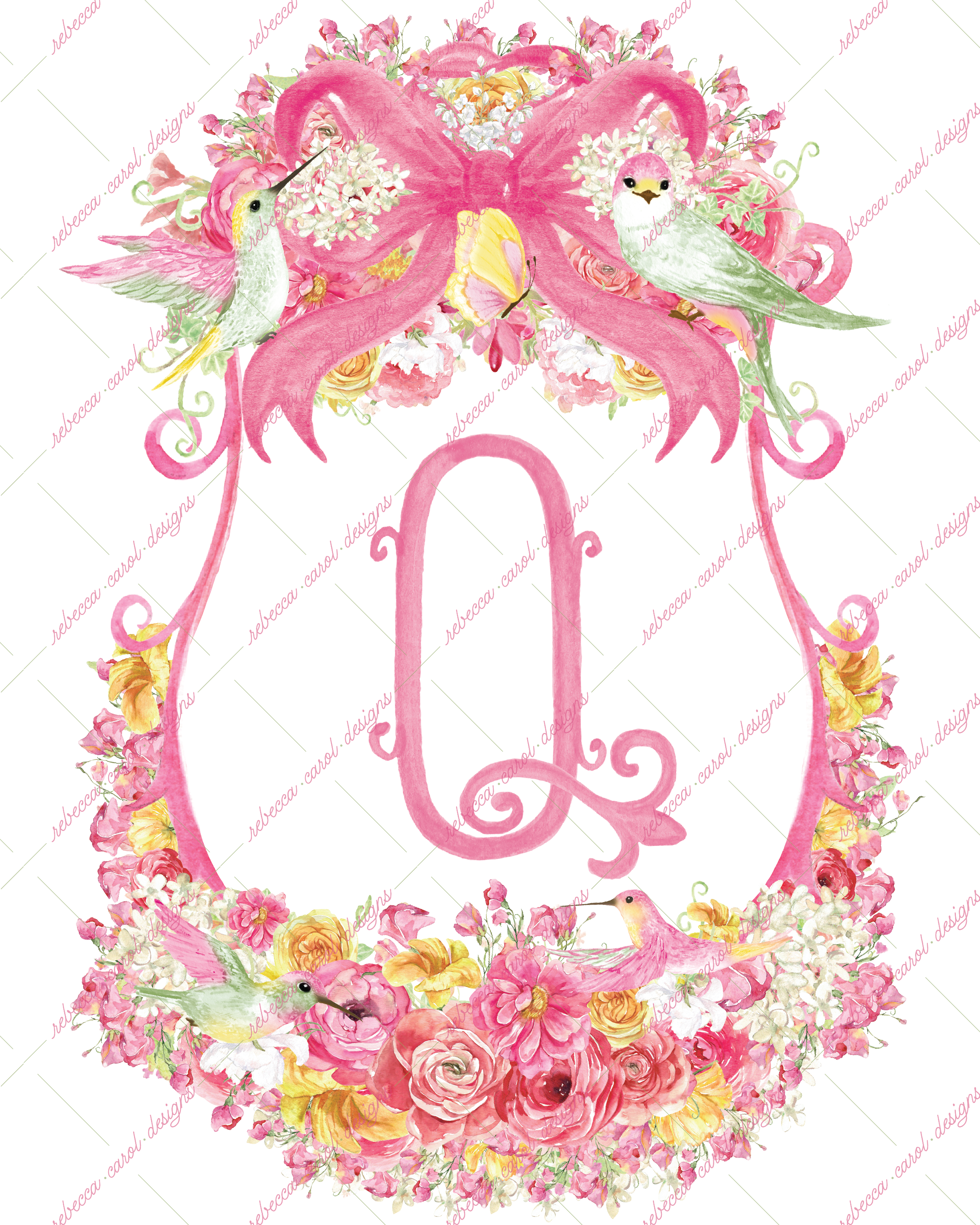 8x10in Watercolor Single Letter Monogram with Birds and Butterfly - Q - Pink Option 1