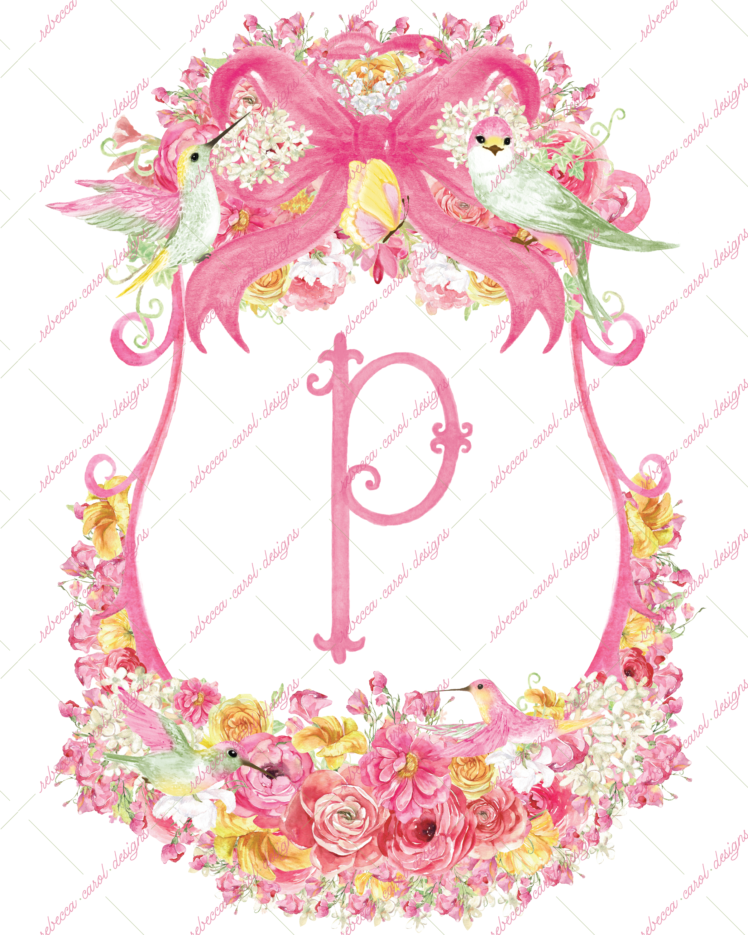 8x10in Watercolor Single Letter Monogram with Birds and Butterfly - P - Pink Option 1
