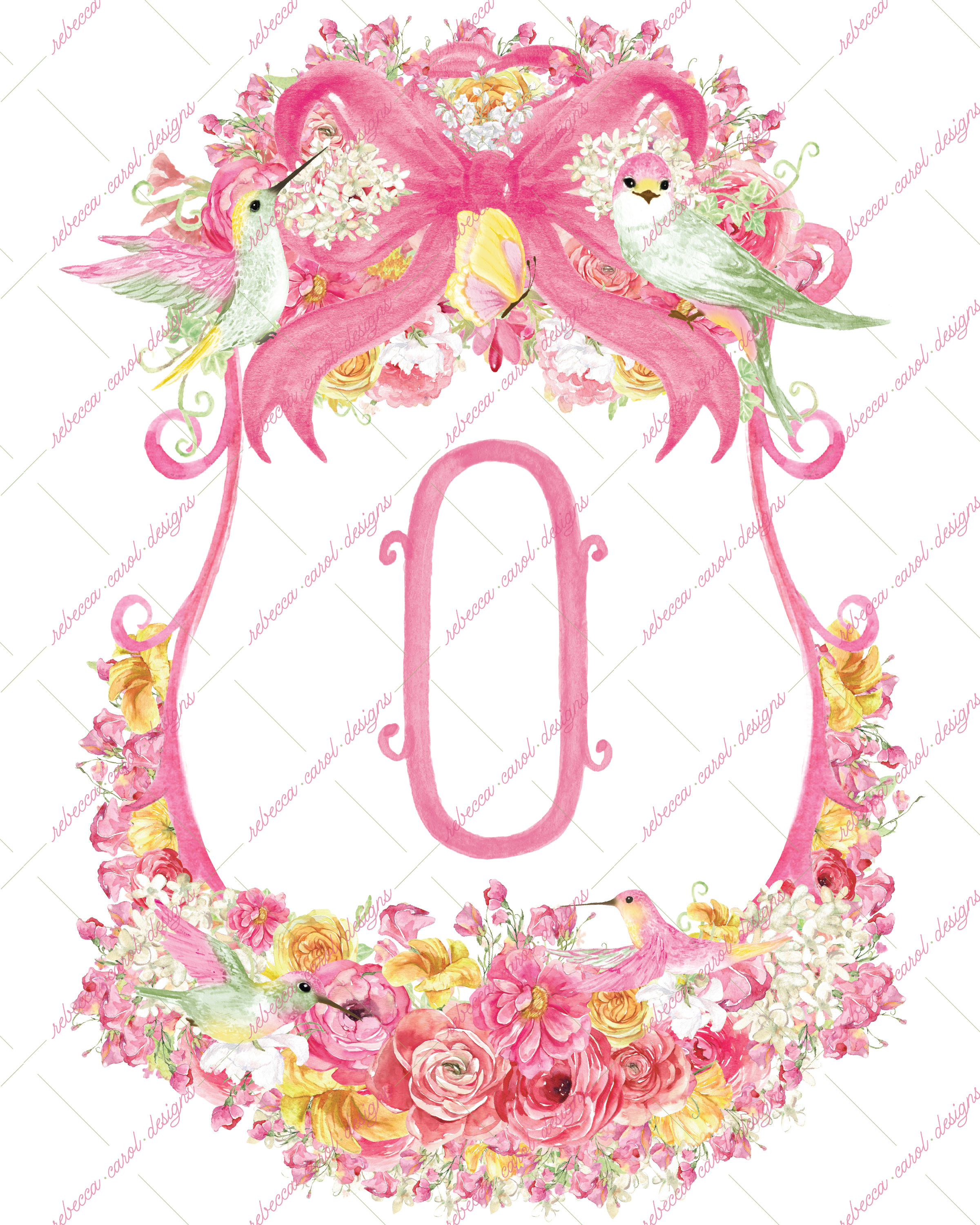 8x10in Watercolor Single Letter Monogram with Birds and Butterfly - O - Pink Option 1