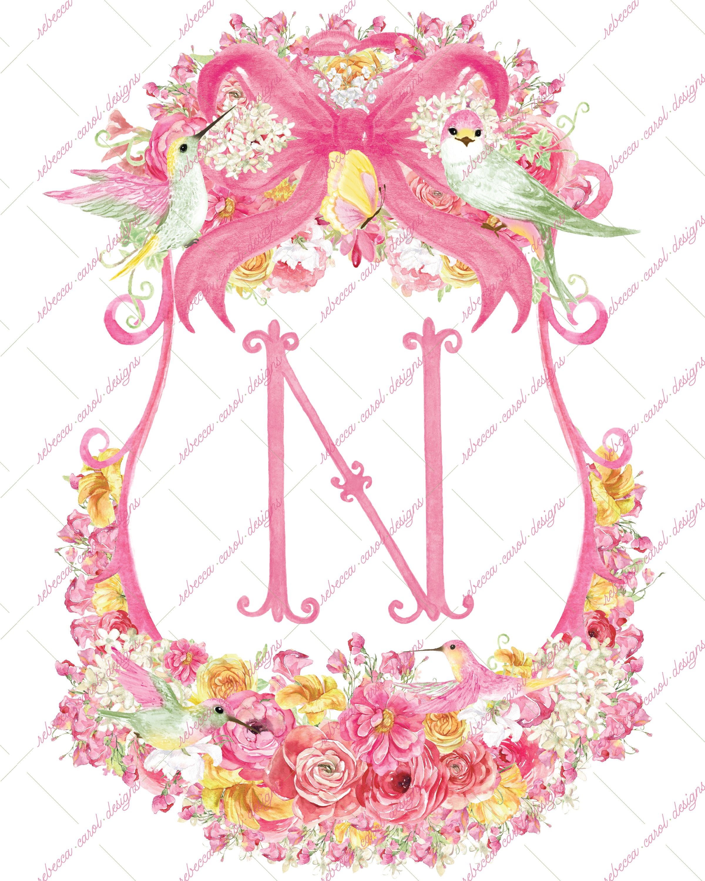 8x10in Watercolor Single Letter Monogram with Birds and Butterfly - N - Pink Option 1