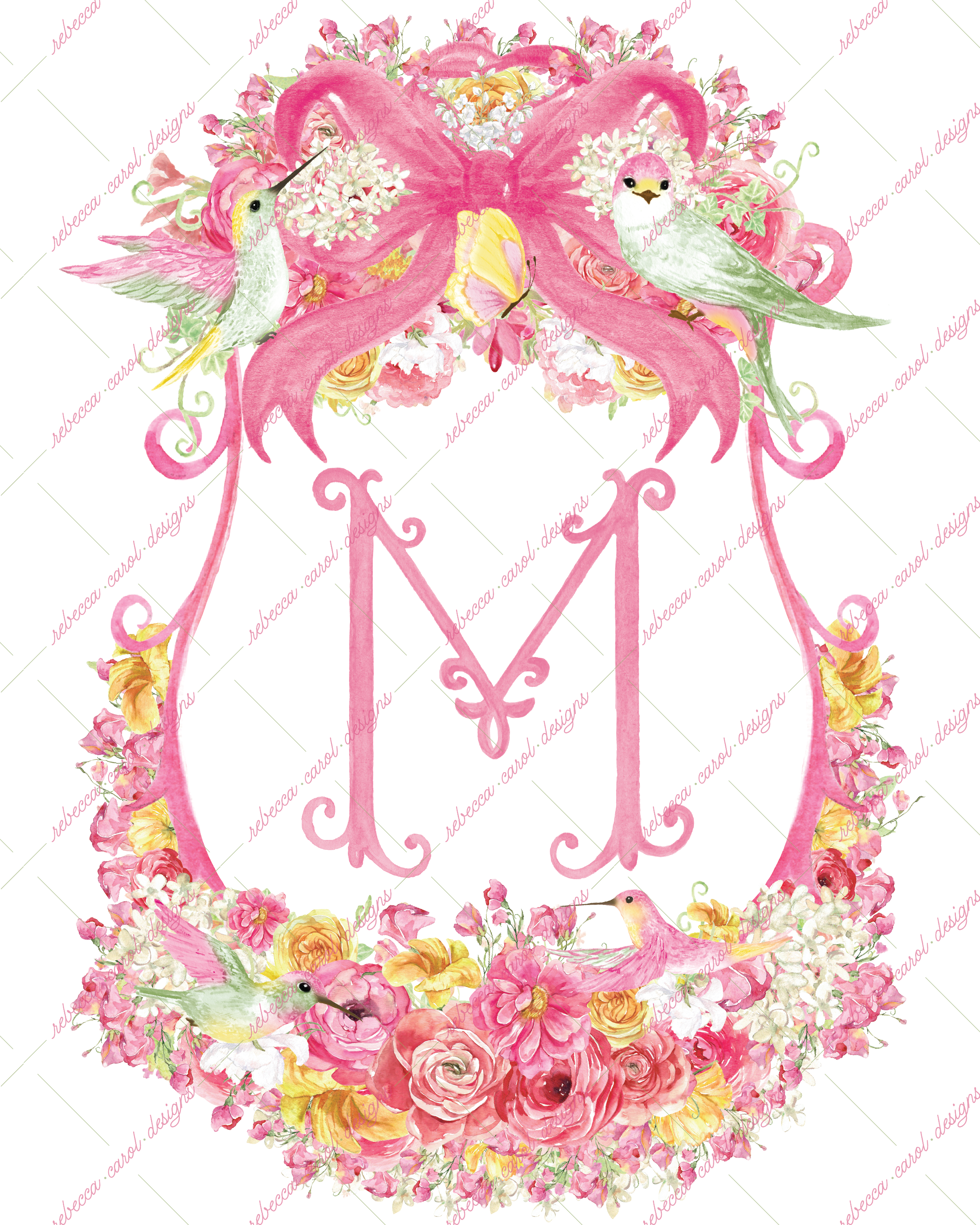 8x10in Watercolor Single Letter Monogram with Birds and Butterfly - M - Pink Option 1