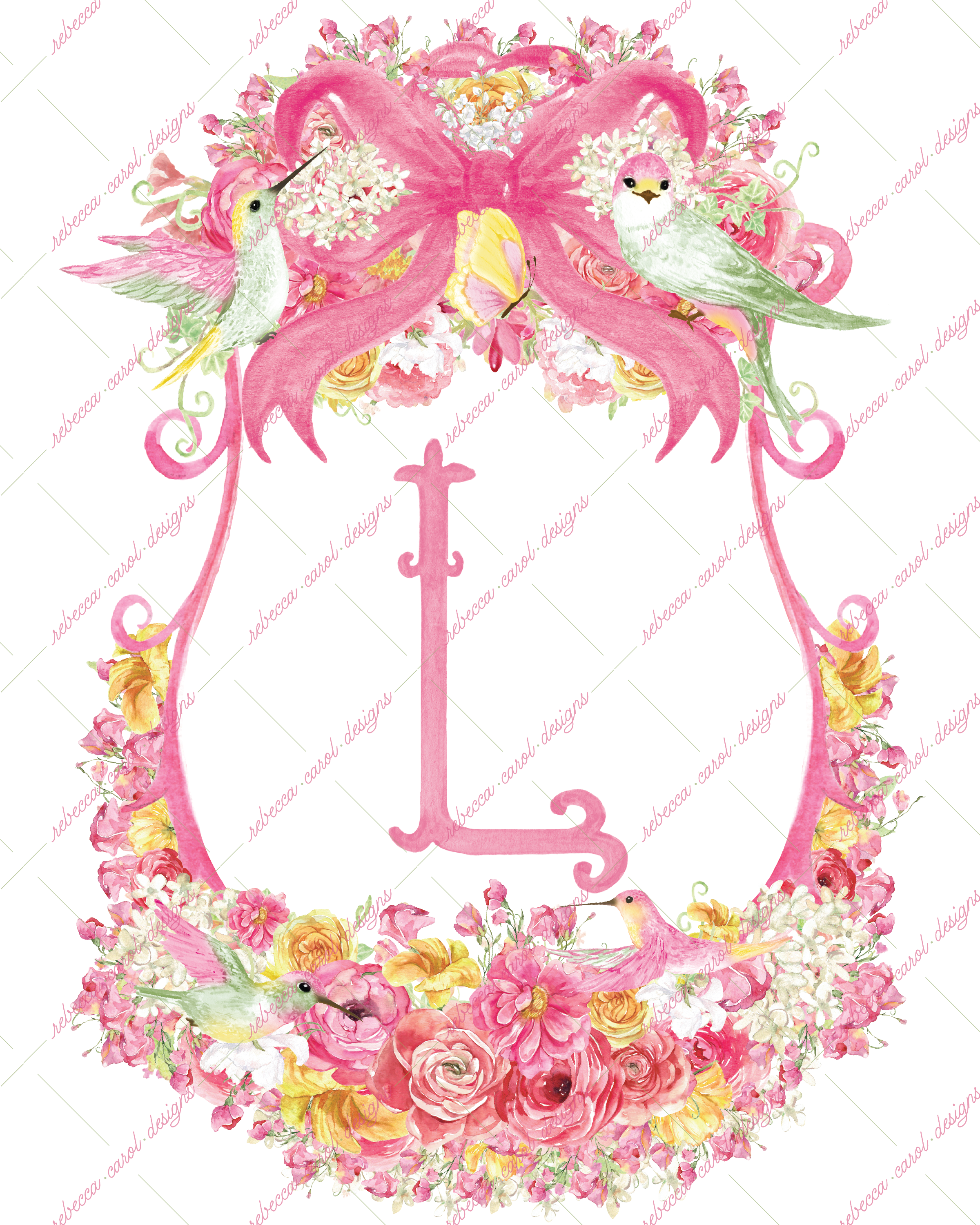 8x10in Watercolor Single Letter Monogram with Birds and Butterfly - L - Pink Option 1
