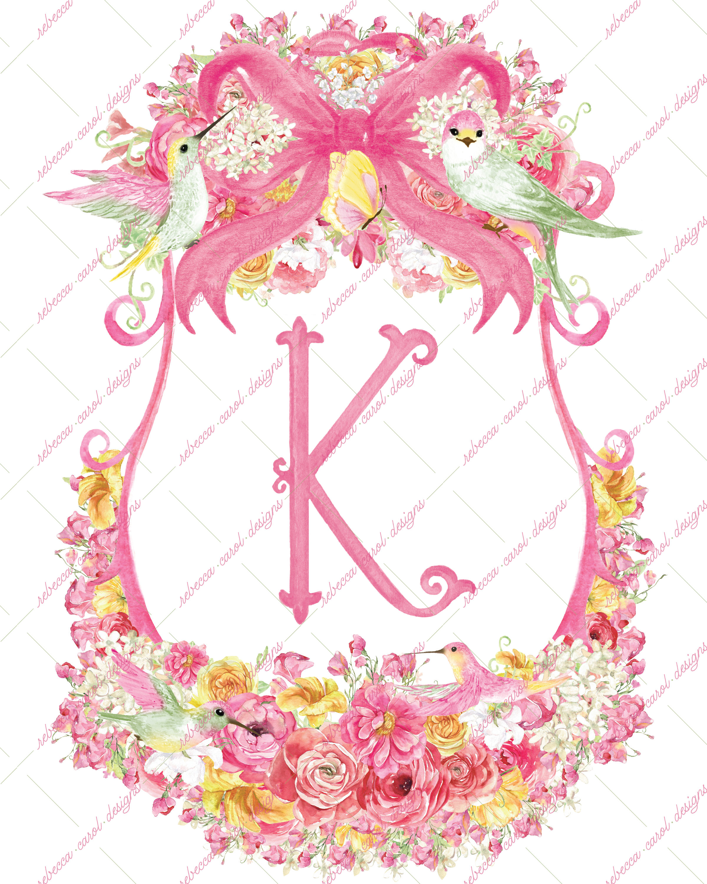 8x10in Watercolor Single Letter Monogram with Birds and Butterfly - K - Pink Option 1