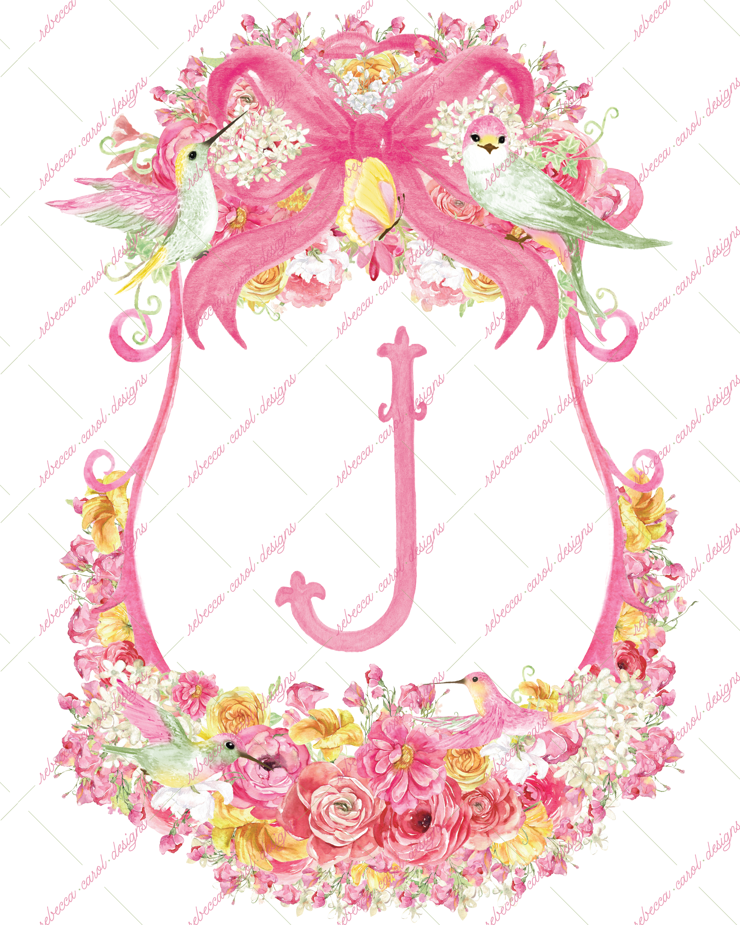 8x10in Watercolor Single Letter Monogram with Birds and Butterfly - J - Pink Option 1