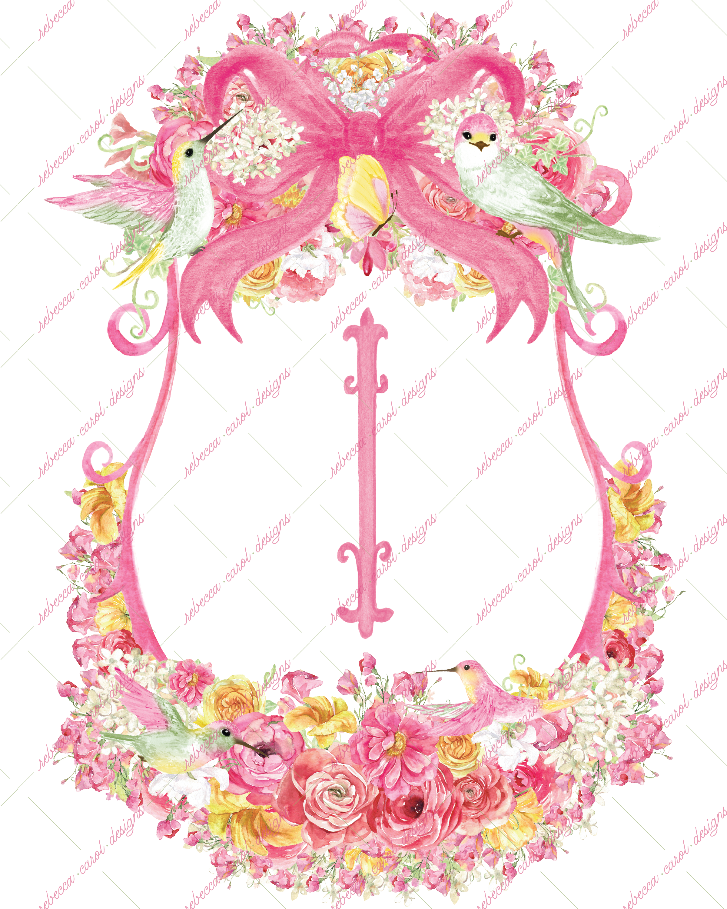 8x10in Watercolor Single Letter Monogram with Birds and Butterfly - I - Pink Option 1